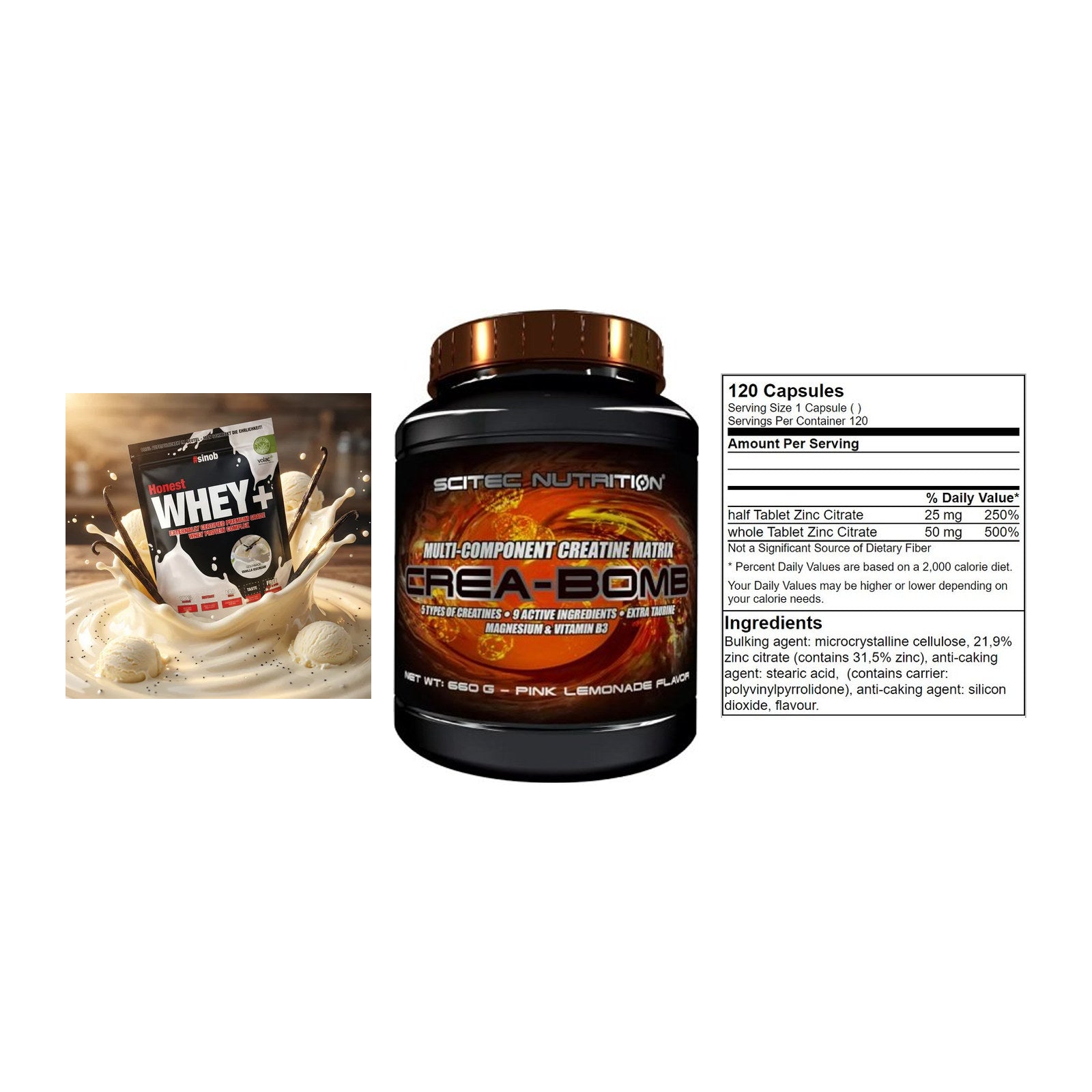 Einsteiger-Set: Sinob Honest + Scitec Crea-Bomb + GN Zinc Citrate – alle enthaltenen Artikel