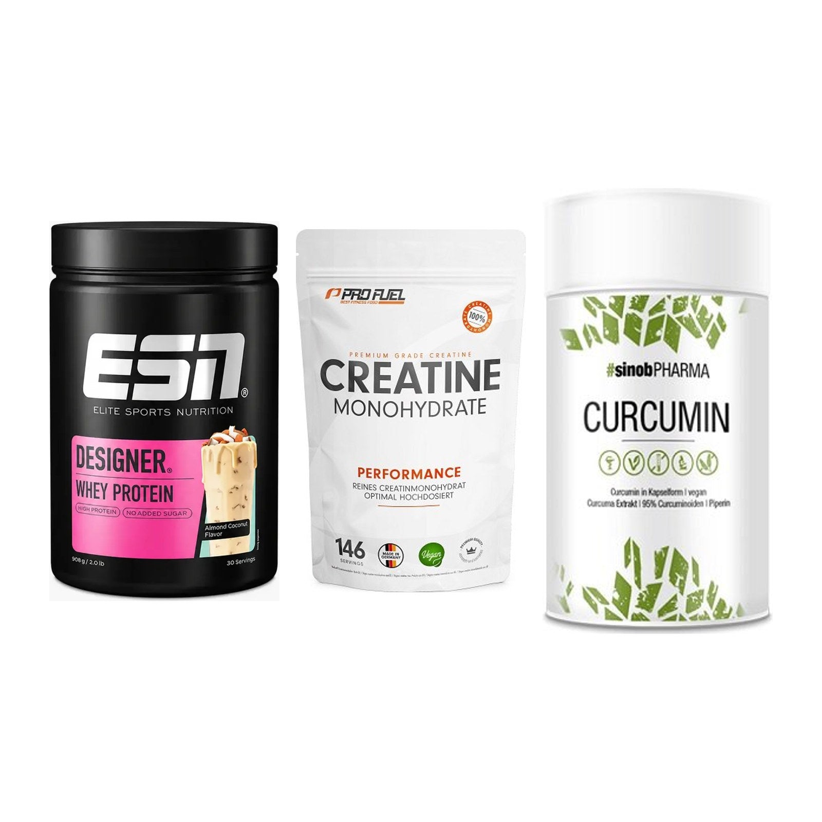 Einsteiger-Set: ESN Designer + ProFuel Creatine + Sinob Curcumin – alle enthaltenen Artikel
