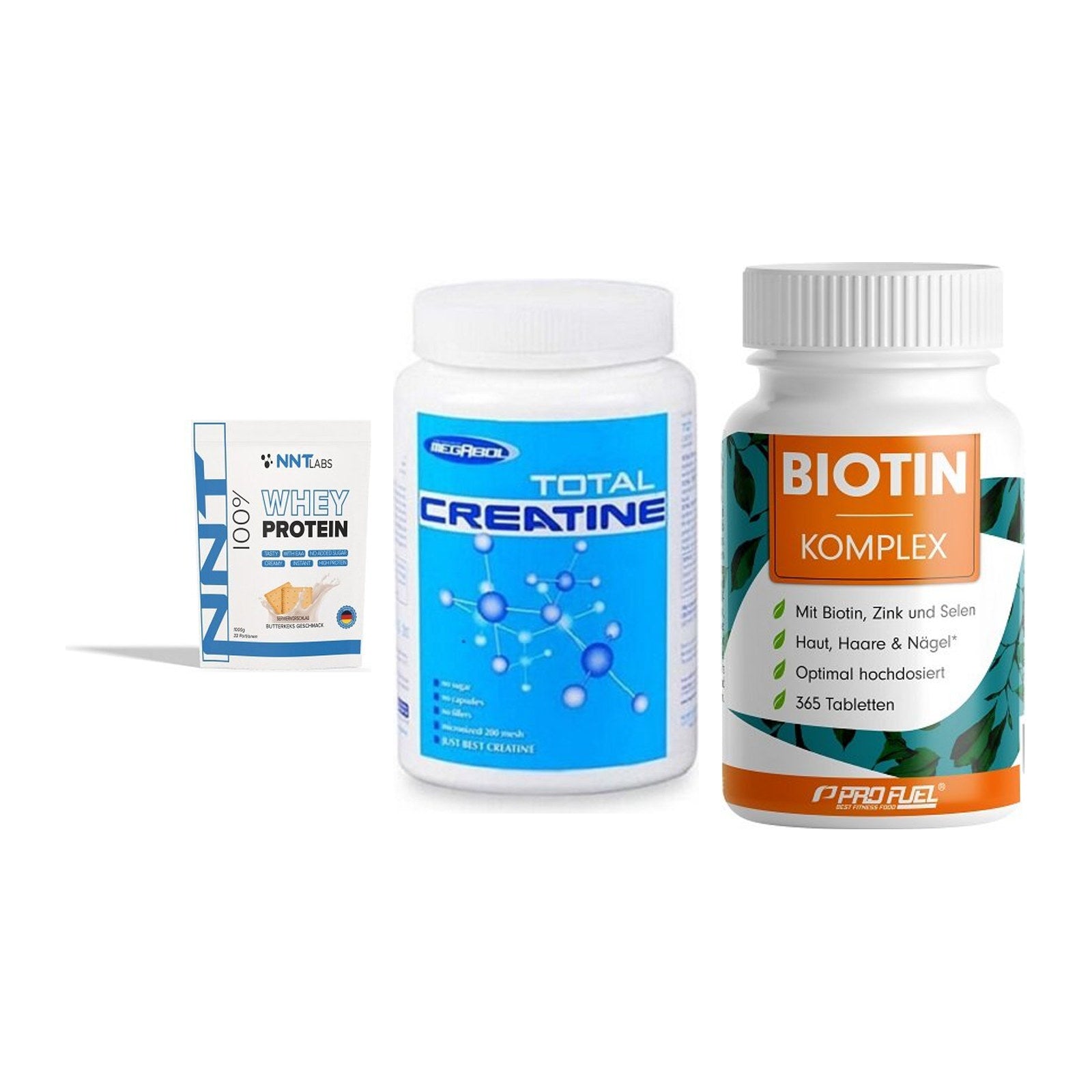 Einsteiger-Set: NNT Whey + Megabol Total + ProFuel BIOTIN – alle enthaltenen Artikel
