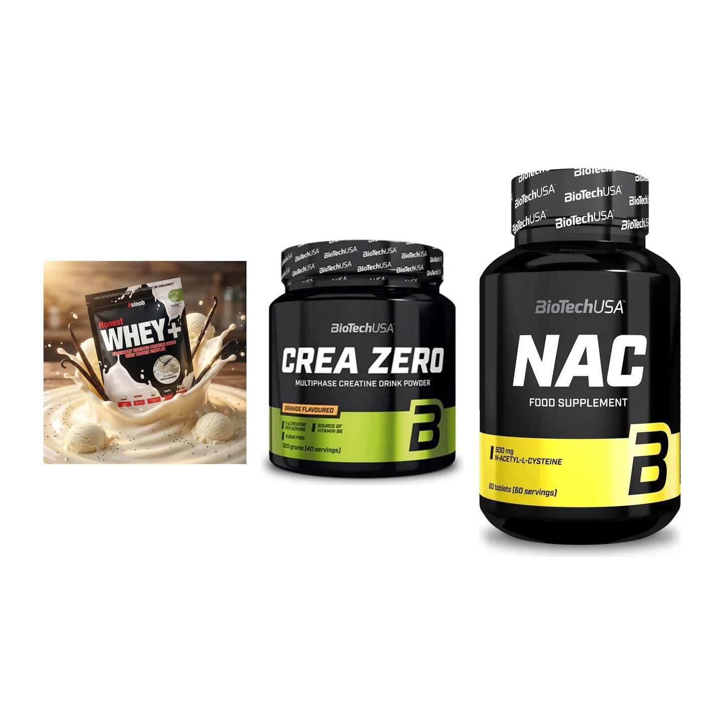 Einsteiger-Set: Sinob Honest Whey+ + BioTech Crea Zero + BioTech NAC – alle enthaltenen Artikel
