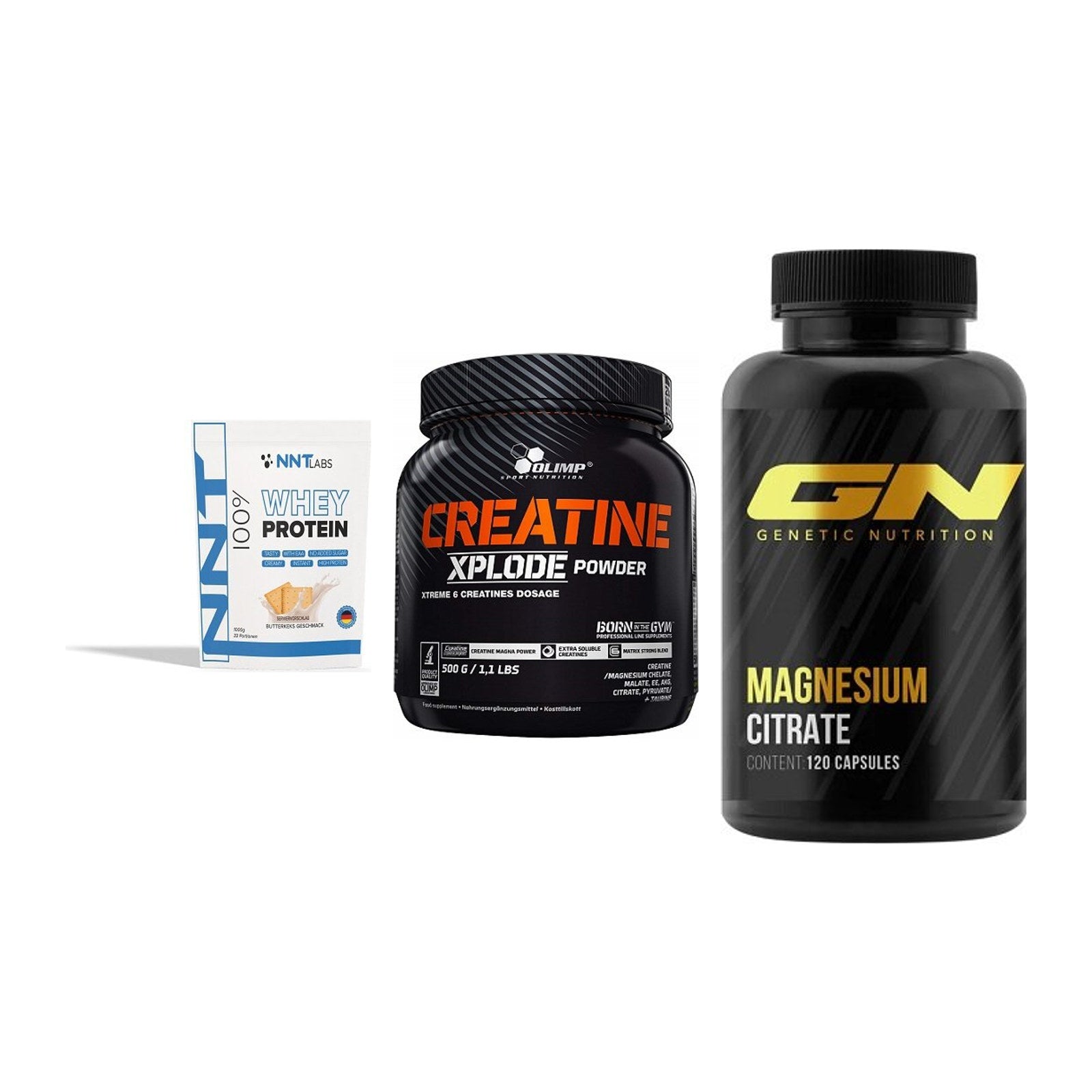 Einsteiger-Set: NNT Whey + Olimp Creatine + GN Magnesium – alle enthaltenen Artikel