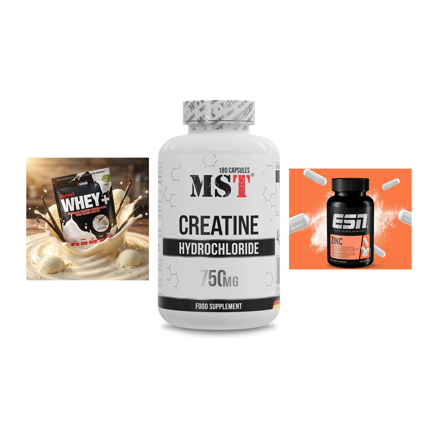 Einsteiger-Set: Sinob Honest Whey+ + MST Creatine HCL + ESN Zinc – alle enthaltenen Artikel