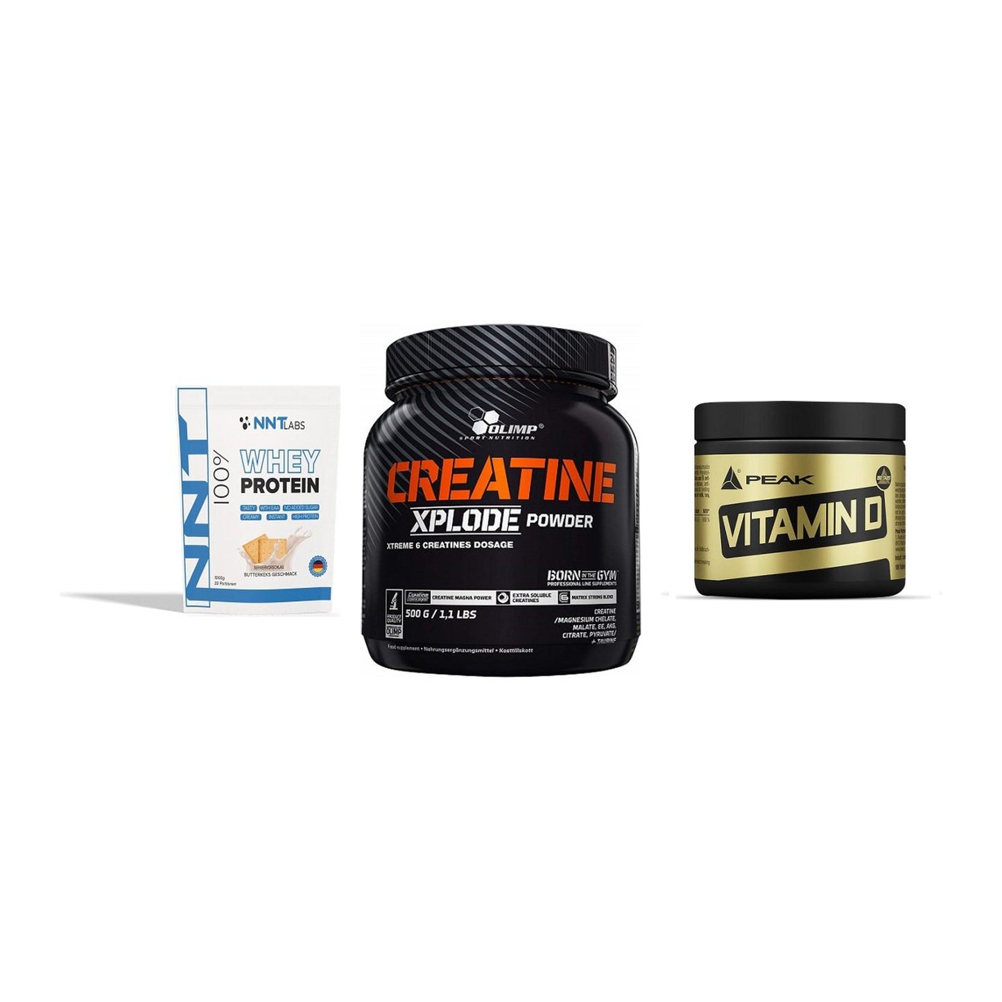 Einsteiger-Set: NNT Whey + Olimp Creatine + Peak Vitamin D – alle enthaltenen Artikel