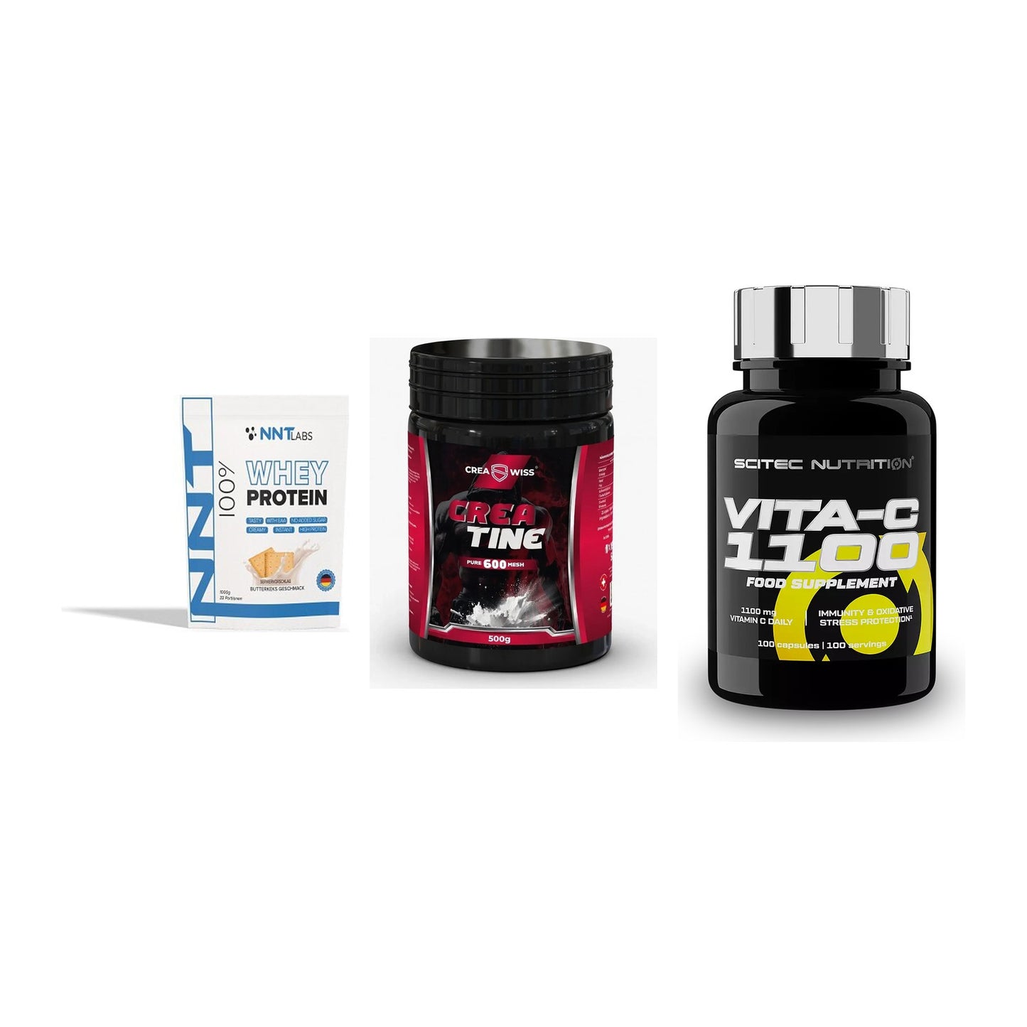 Einsteiger-Set: NNT Whey + CREASWISS + Scitec Vitamin C – alle enthaltenen Artikel