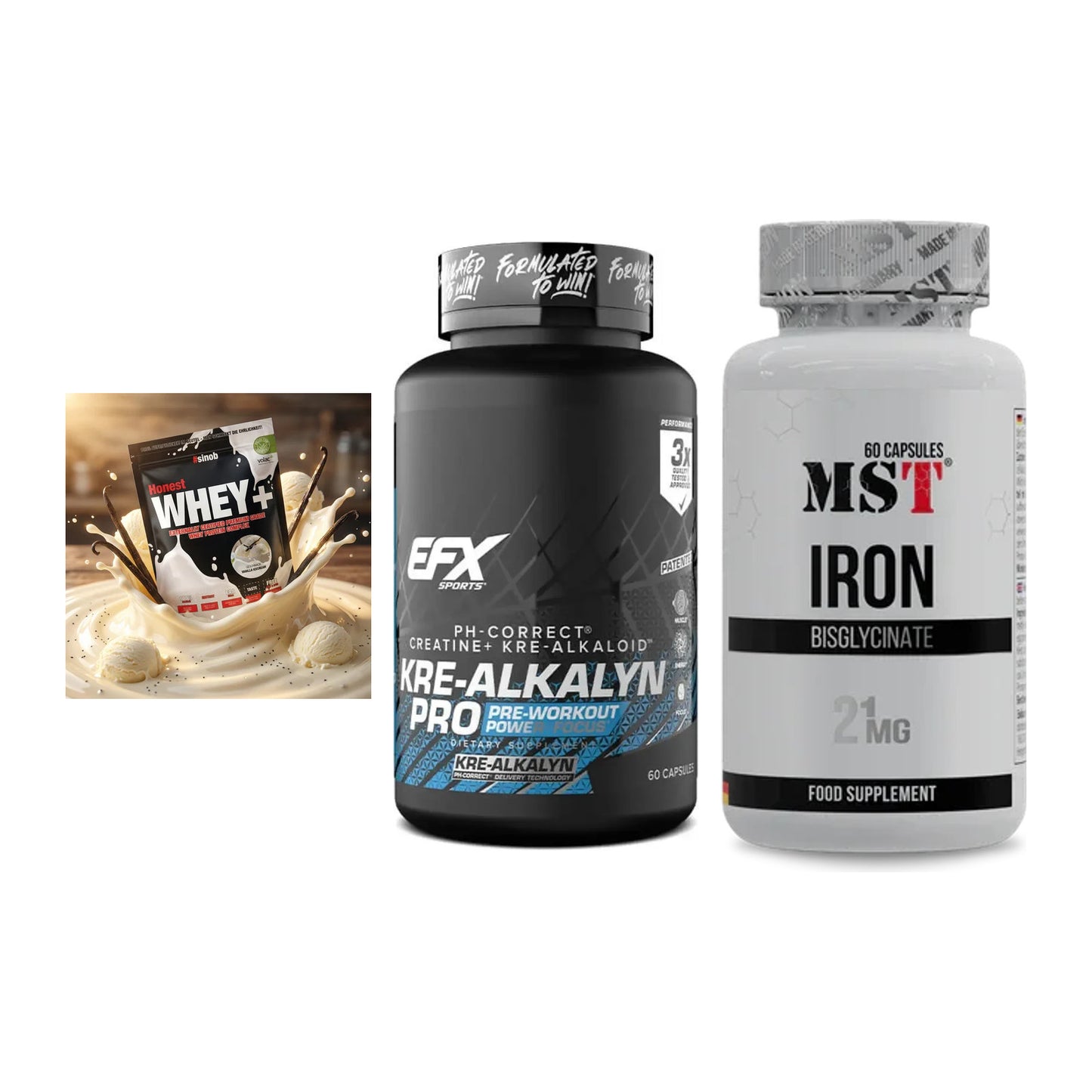 Einsteiger-Set: Sinob Honest + EFX Kre-Alkalyn + MST Iron Bisglyc – alle enthaltenen Artikel