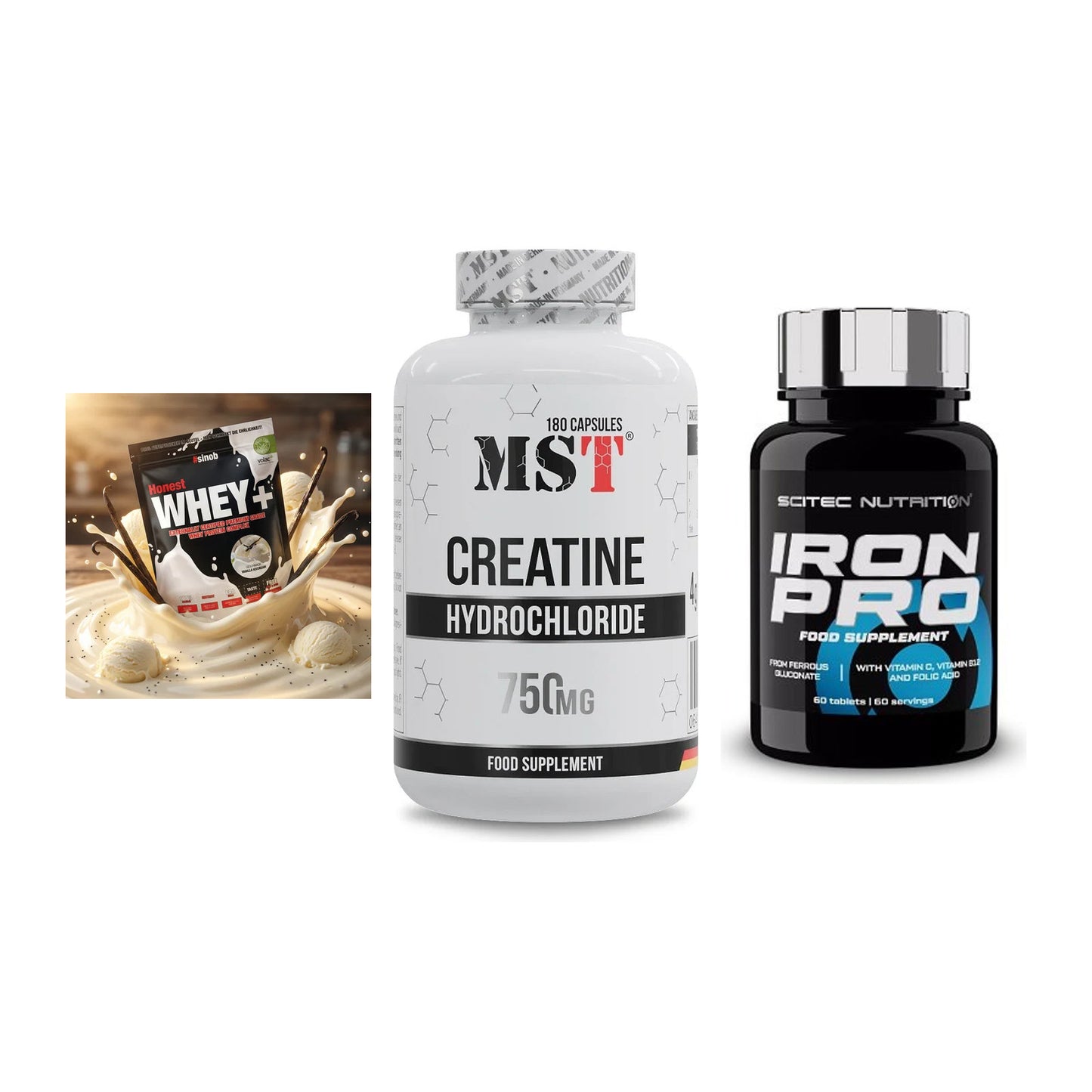 Einsteiger-Set: Sinob Honest + MST Creatine HCL + Scitec Iron Pro – alle enthaltenen Artikel