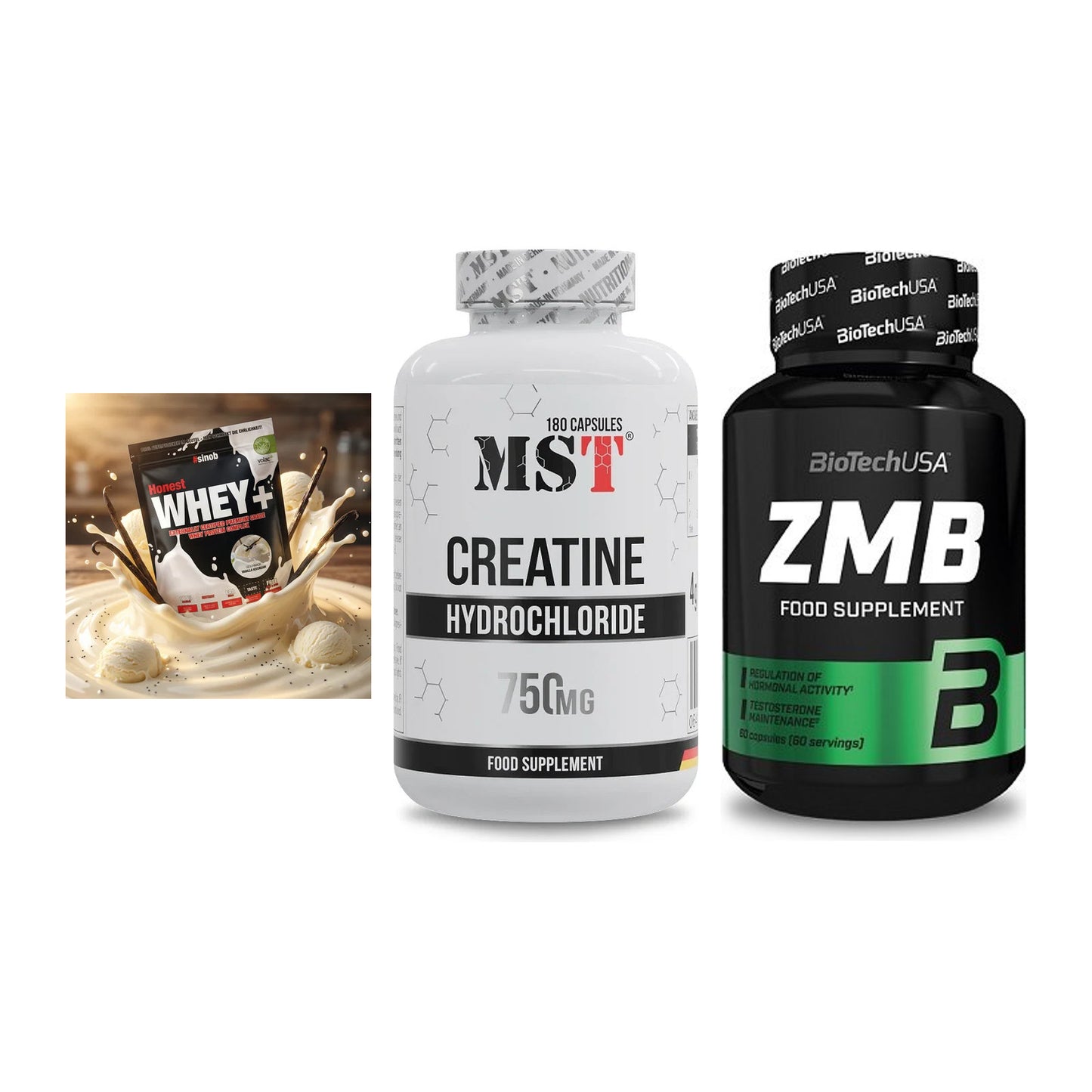 Einsteiger-Set: Sinob Honest Whey+ + MST Creatine HCL + BioTech ZMB – alle enthaltenen Artikel