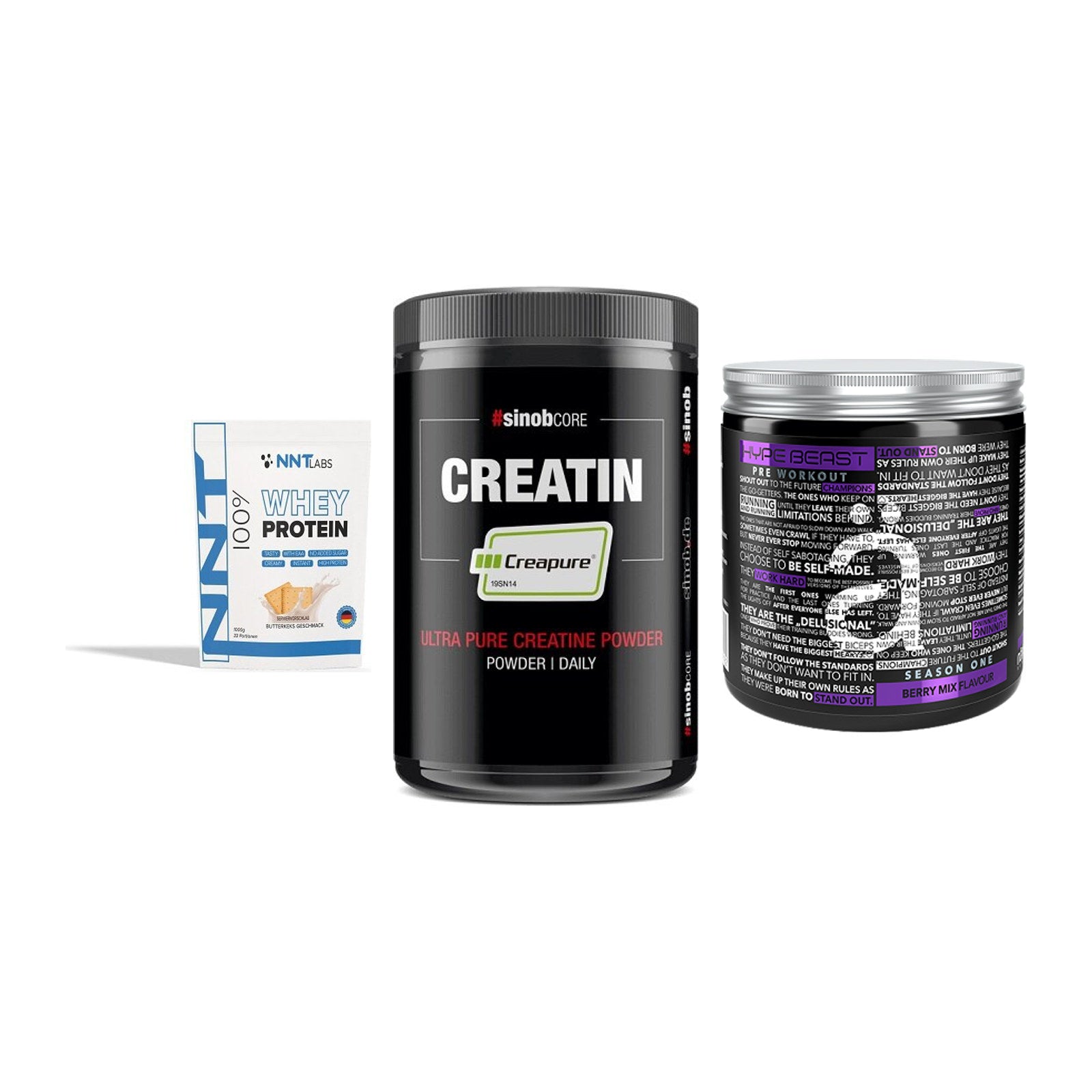 Einsteiger-Set: NNT Whey + Sinob Creatin + Nanosupps Hype – alle enthaltenen Artikel