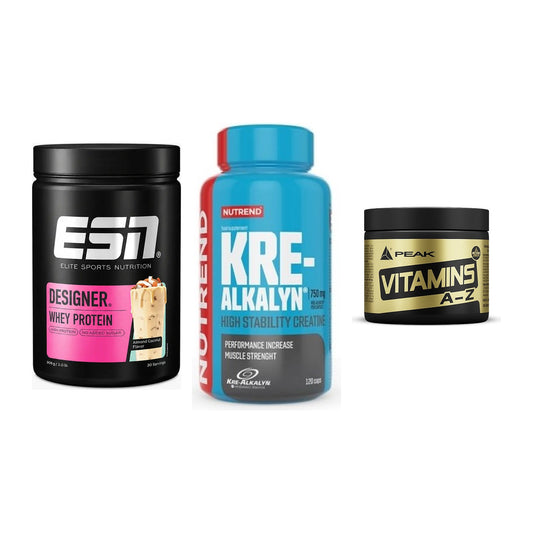 Einsteiger-Set: ESN Designer + Nutrend Kre-Alka + Peak Vitamin A-Z – alle enthaltenen Artikel