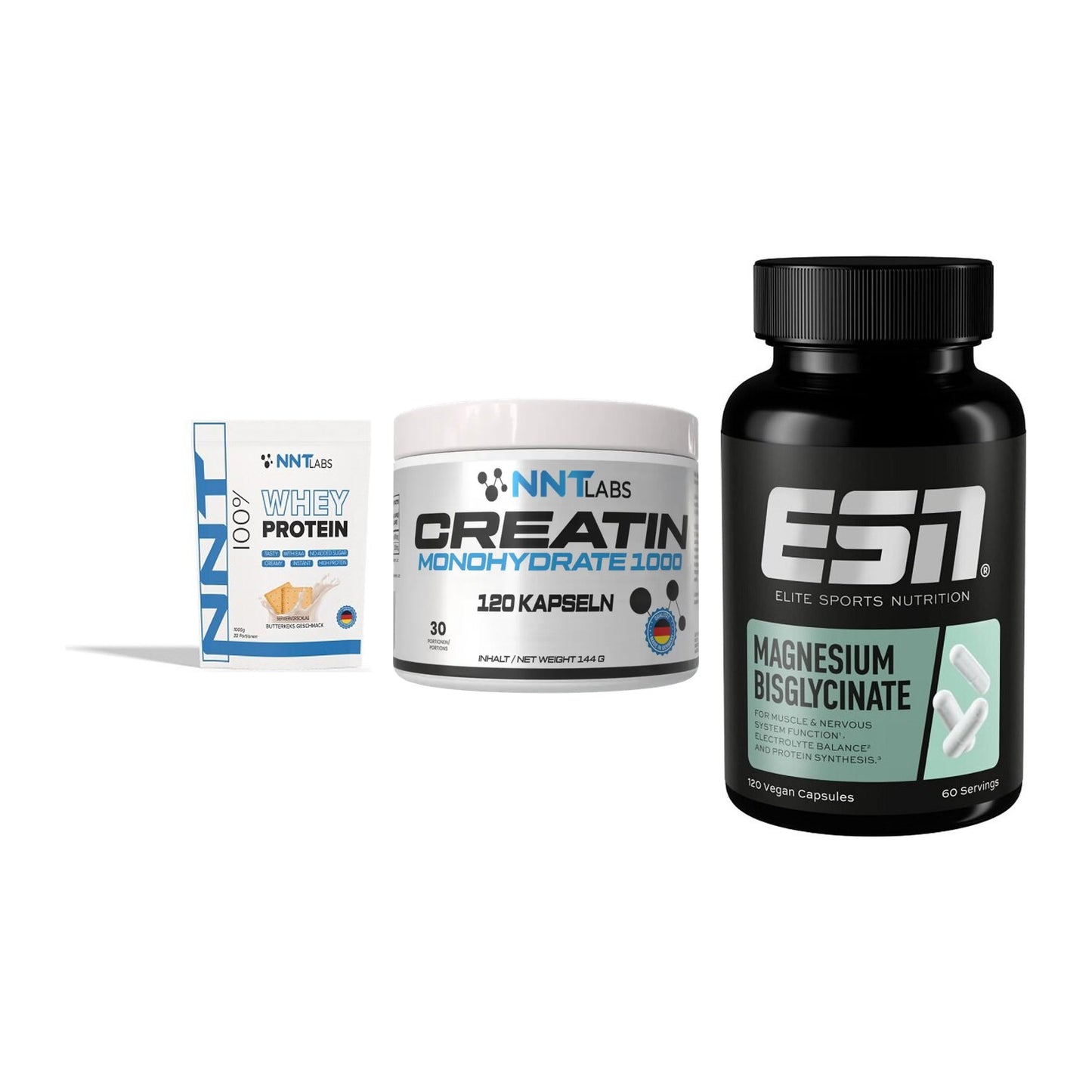 Einsteiger-Set: NNT Whey + NNT Creatin 1000 + ESN Magnesium – alle enthaltenen Artikel