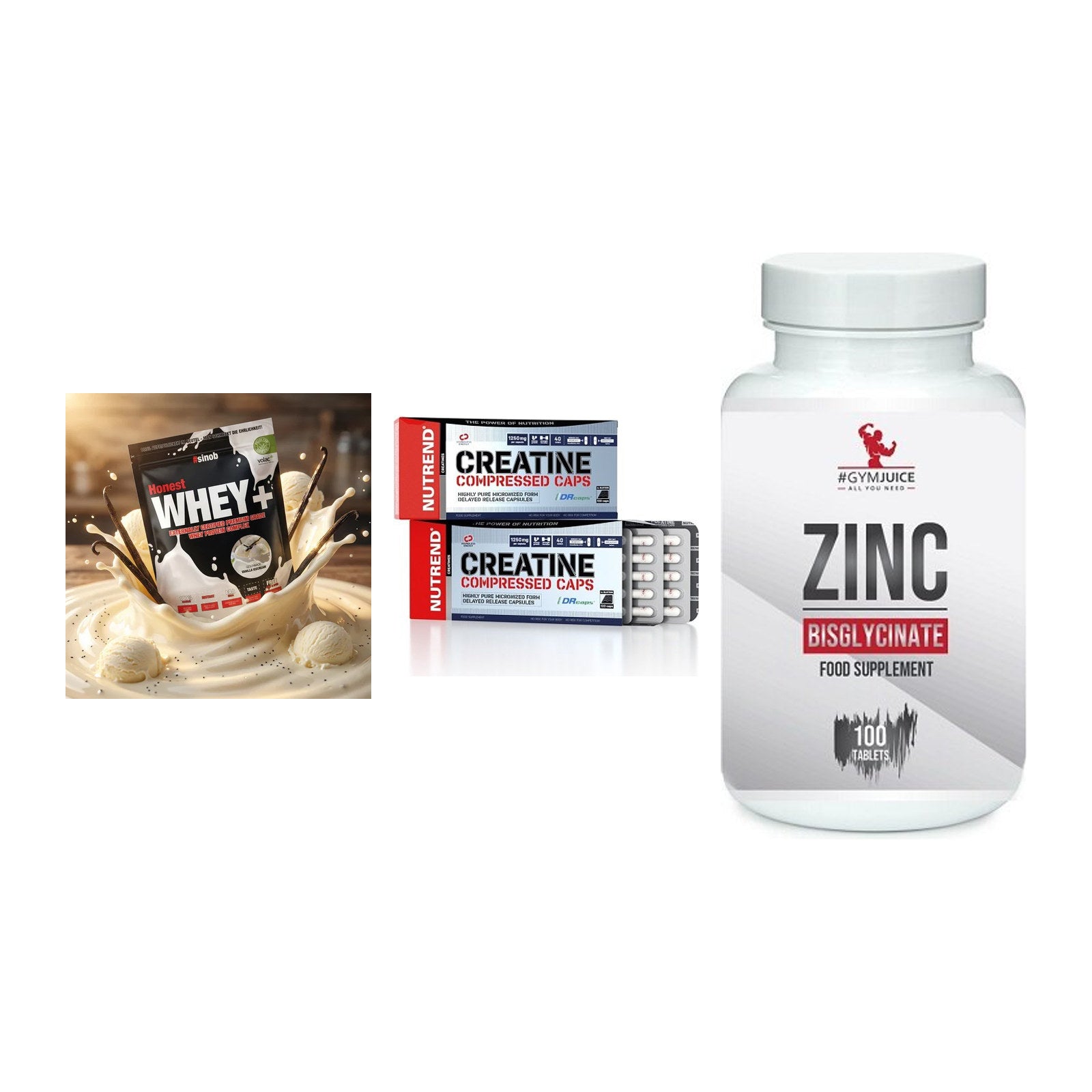 Einsteiger-Set: Sinob Honest + Nutrend Creatine + #GYMJUICE ZINC – alle enthaltenen Artikel