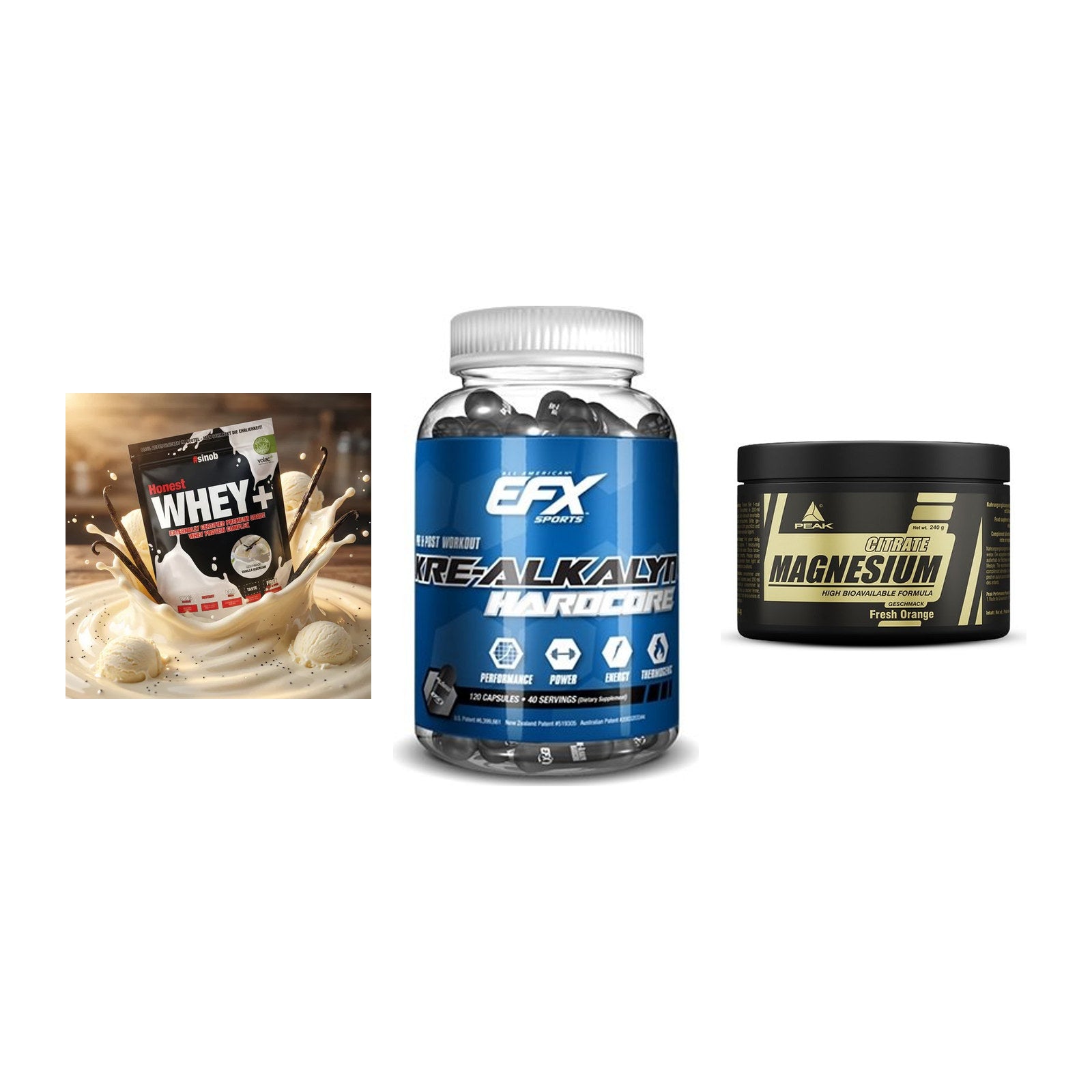 Einsteiger-Set: Sinob Honest + EFX Kre-Alkalyn + Peak Magnesium – alle enthaltenen Artikel