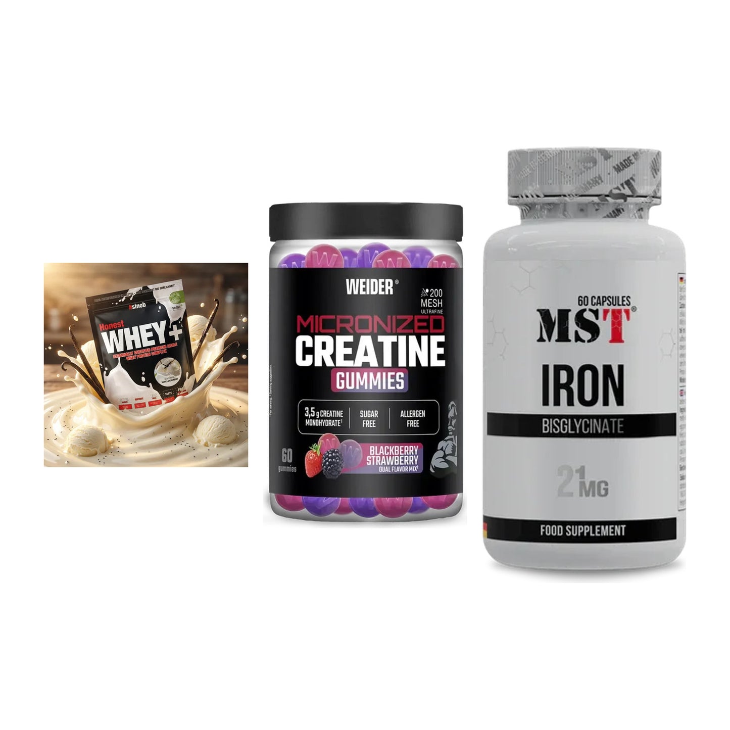 Einsteiger-Set: Sinob Honest + Weider Micronize + MST Iron Bisglyc – alle enthaltenen Artikel