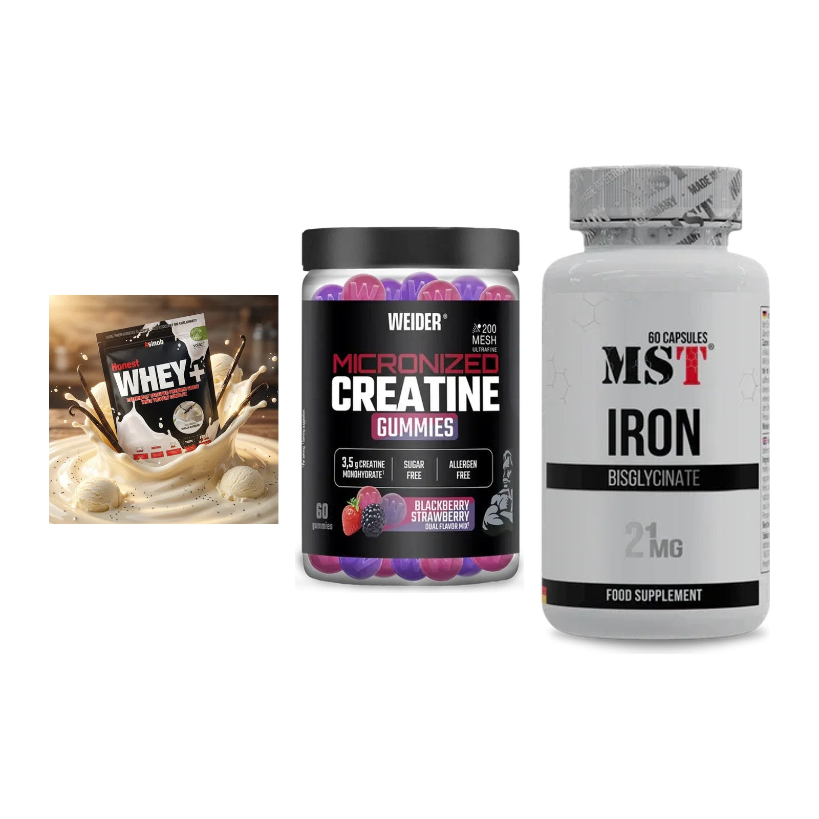 Einsteiger-Set: Sinob Honest + Weider Micronize + MST Iron Bisglyc – alle enthaltenen Artikel