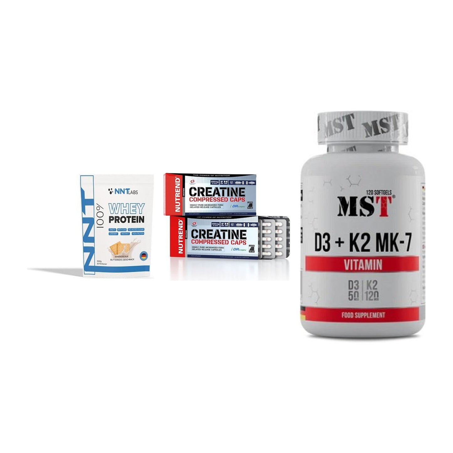 Einsteiger-Set: NNT Whey + Nutrend Creatine + MST Vitamin D3 – alle enthaltenen Artikel