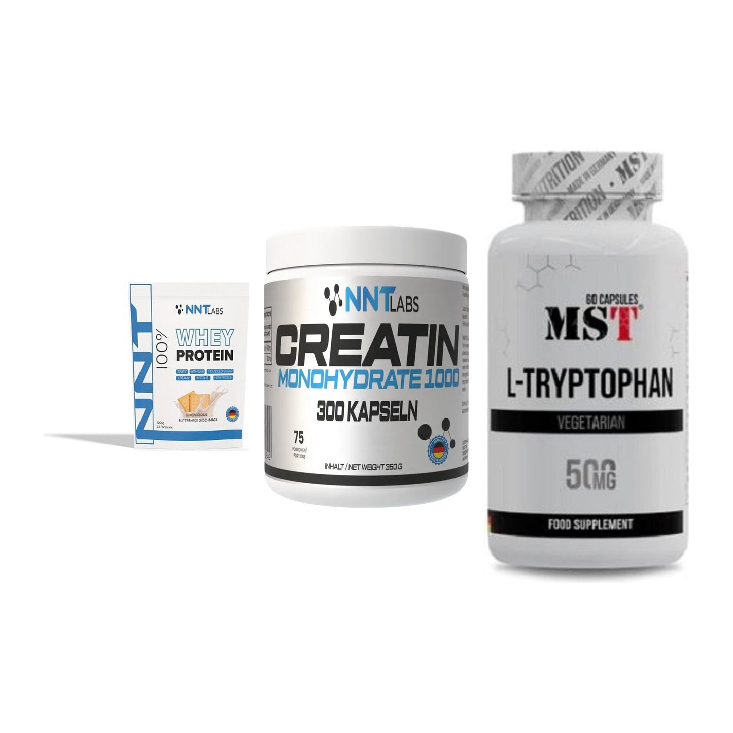 Einsteiger-Set: NNT Whey + NNT Creatin 1000 mg + MST Tryptophan 500mg – alle enthaltenen Artikel