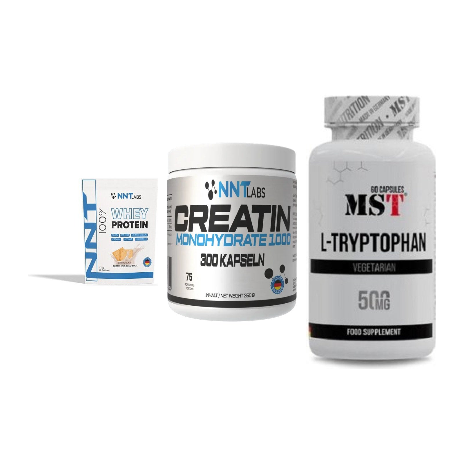 Einsteiger-Set: NNT Whey + NNT Creatin 1000 mg + MST Tryptophan 500mg – alle enthaltenen Artikel
