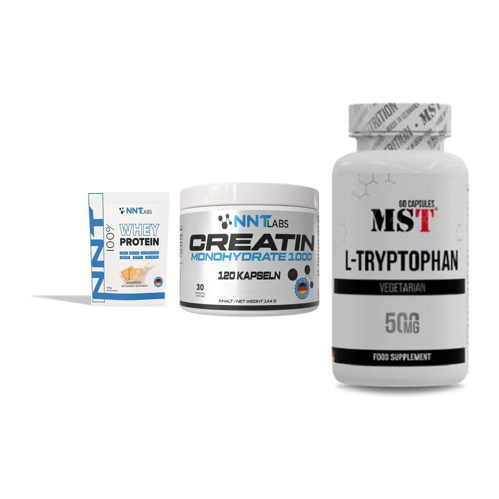 Einsteiger-Set: NNT Whey + NNT Creatin 1000 mg + MST Tryptophan 500mg – alle enthaltenen Artikel