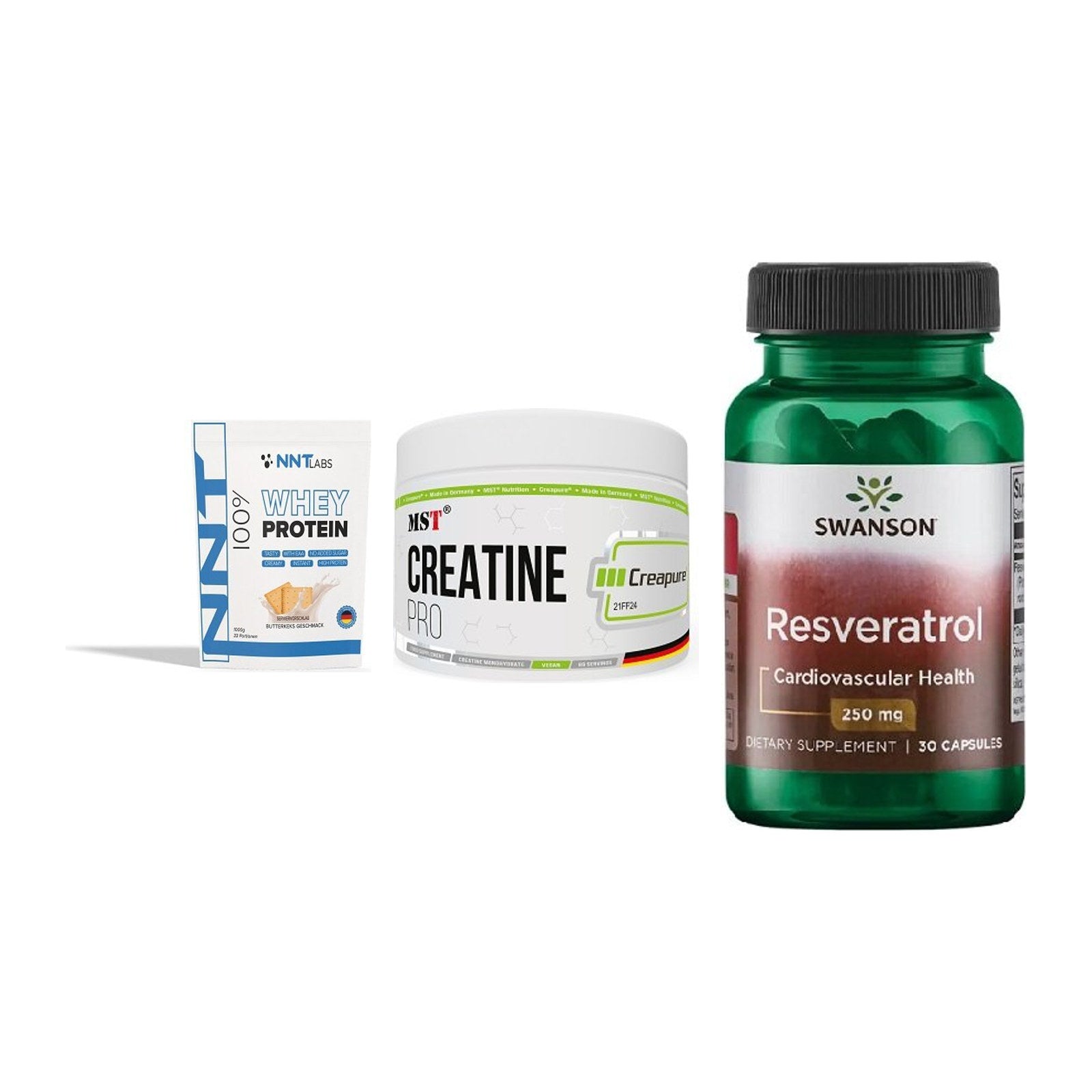Einsteiger-Set: NNT Whey + MST Creatin Pro + Swanson Resverat – alle enthaltenen Artikel