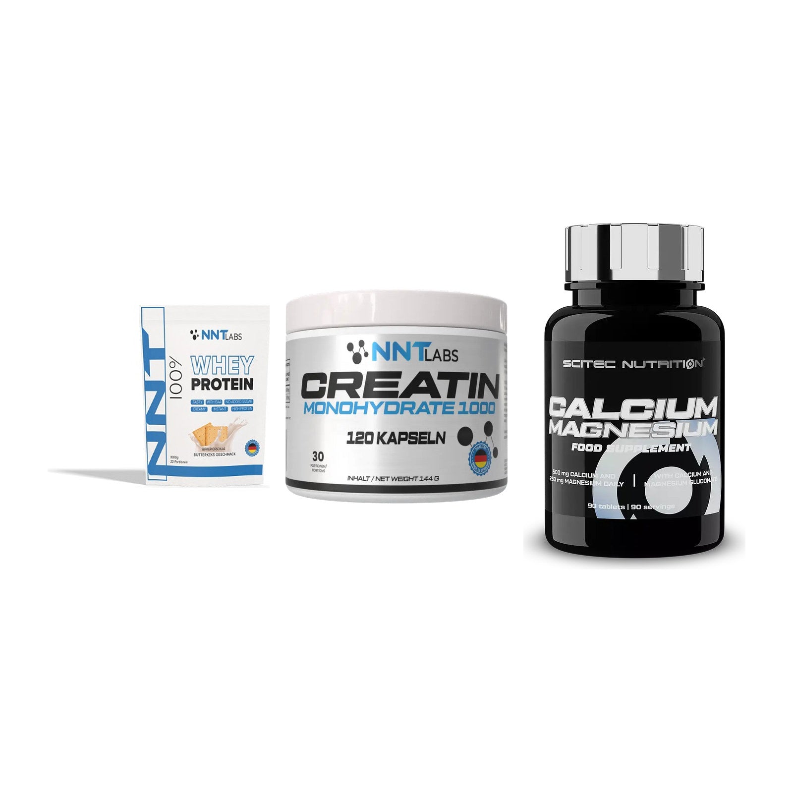 Einsteiger-Set: NNT Whey + NNT Creatin 1000 + Scitec Calcium – alle enthaltenen Artikel