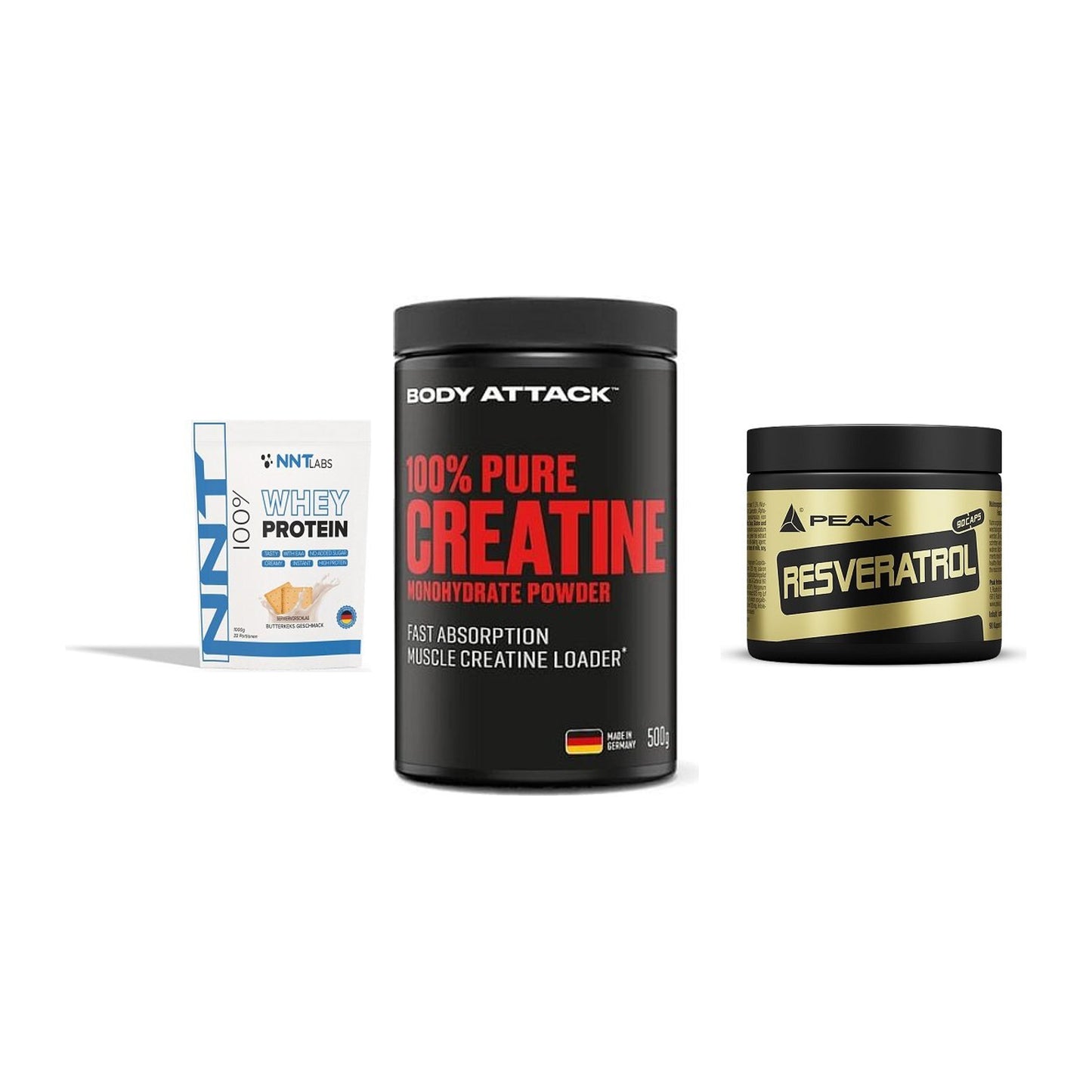 Einsteiger-Set: NNT Whey + Body Attack 100% + Peak Resveratrol – alle enthaltenen Artikel
