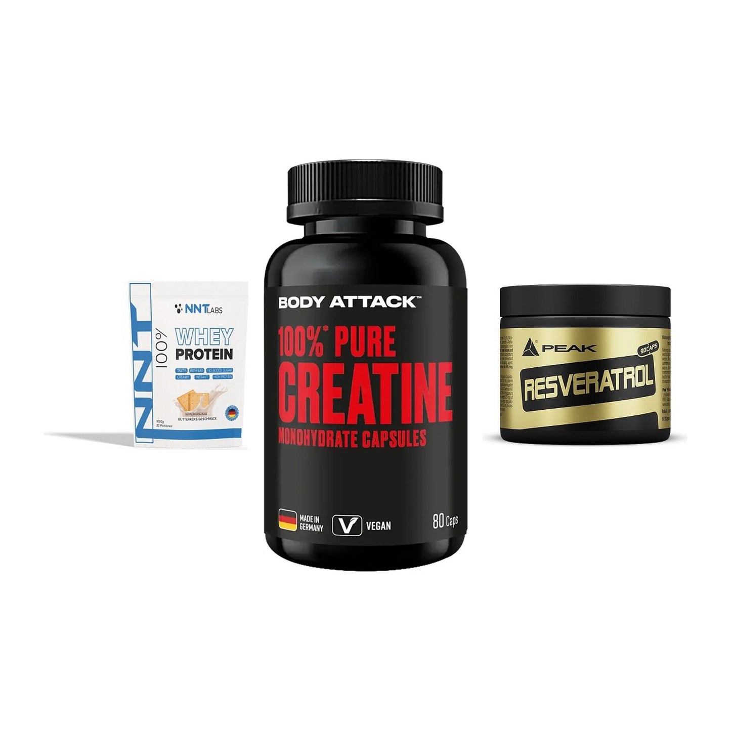 Einsteiger-Set: NNT Whey + Body Attack 100% + Peak Resveratrol – alle enthaltenen Artikel