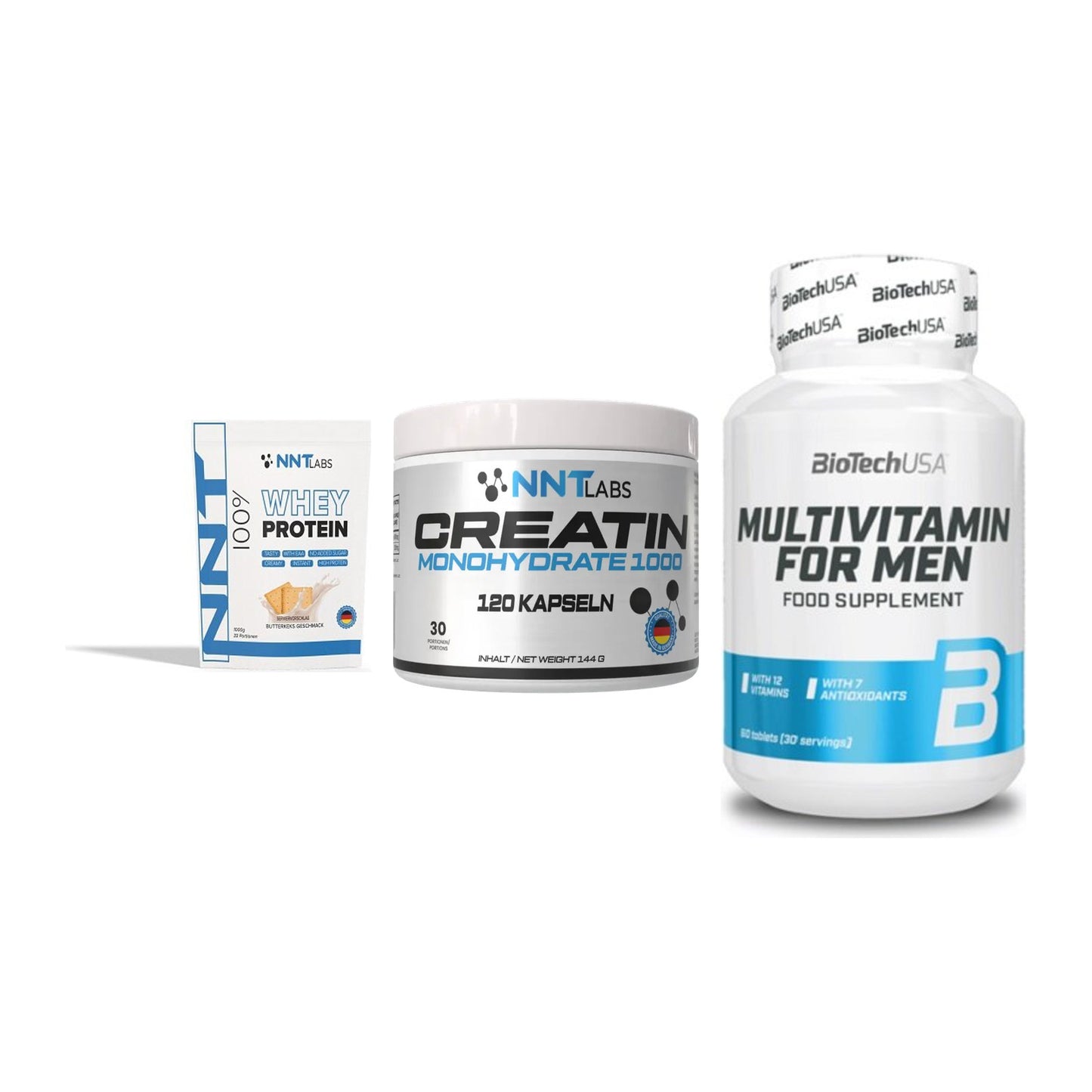 Einsteiger-Set: NNT Whey + NNT Creatin 1000 + BioTech Multivit – alle enthaltenen Artikel
