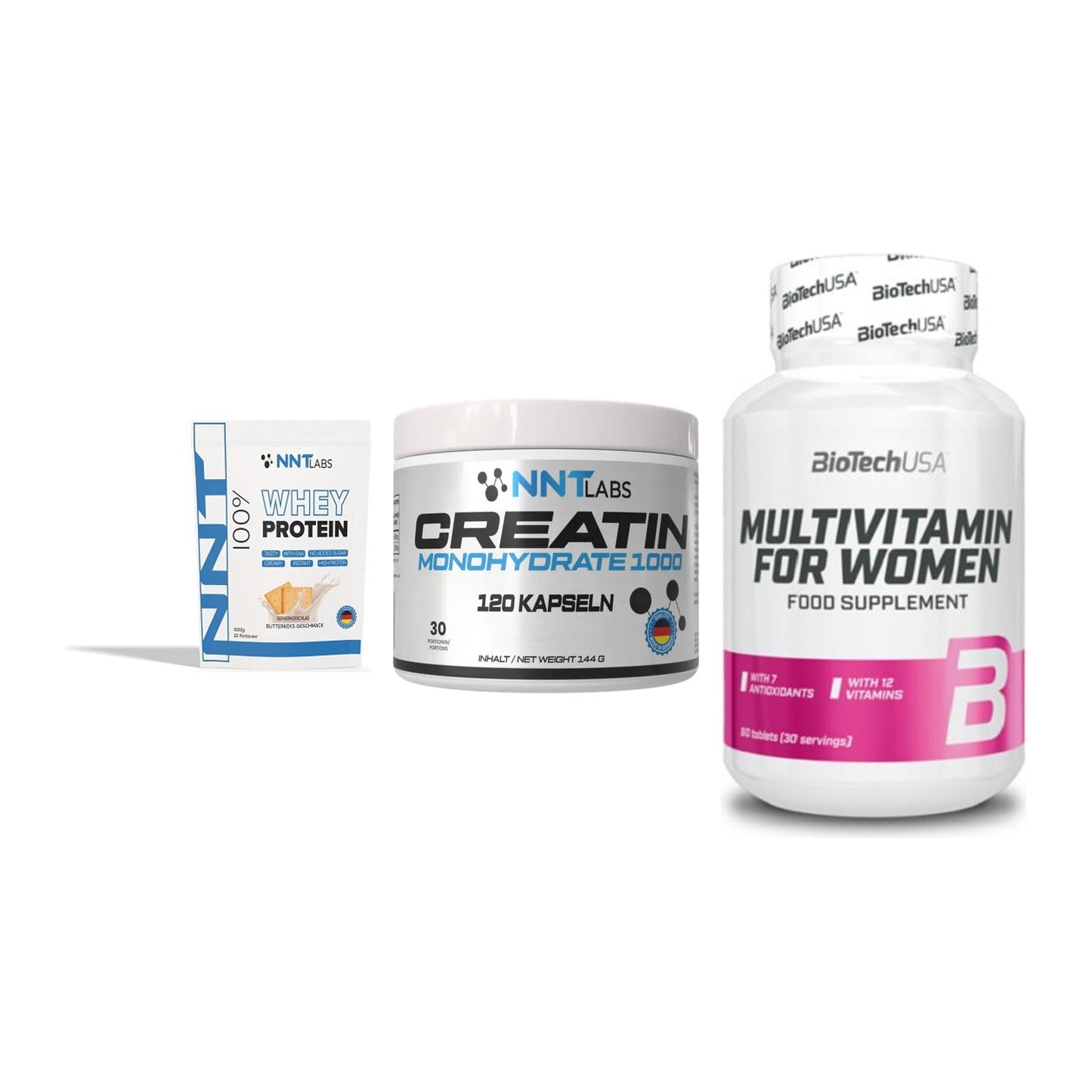 Einsteiger-Set: NNT Whey + NNT Creatin 1000 + BioTech Multivit – alle enthaltenen Artikel