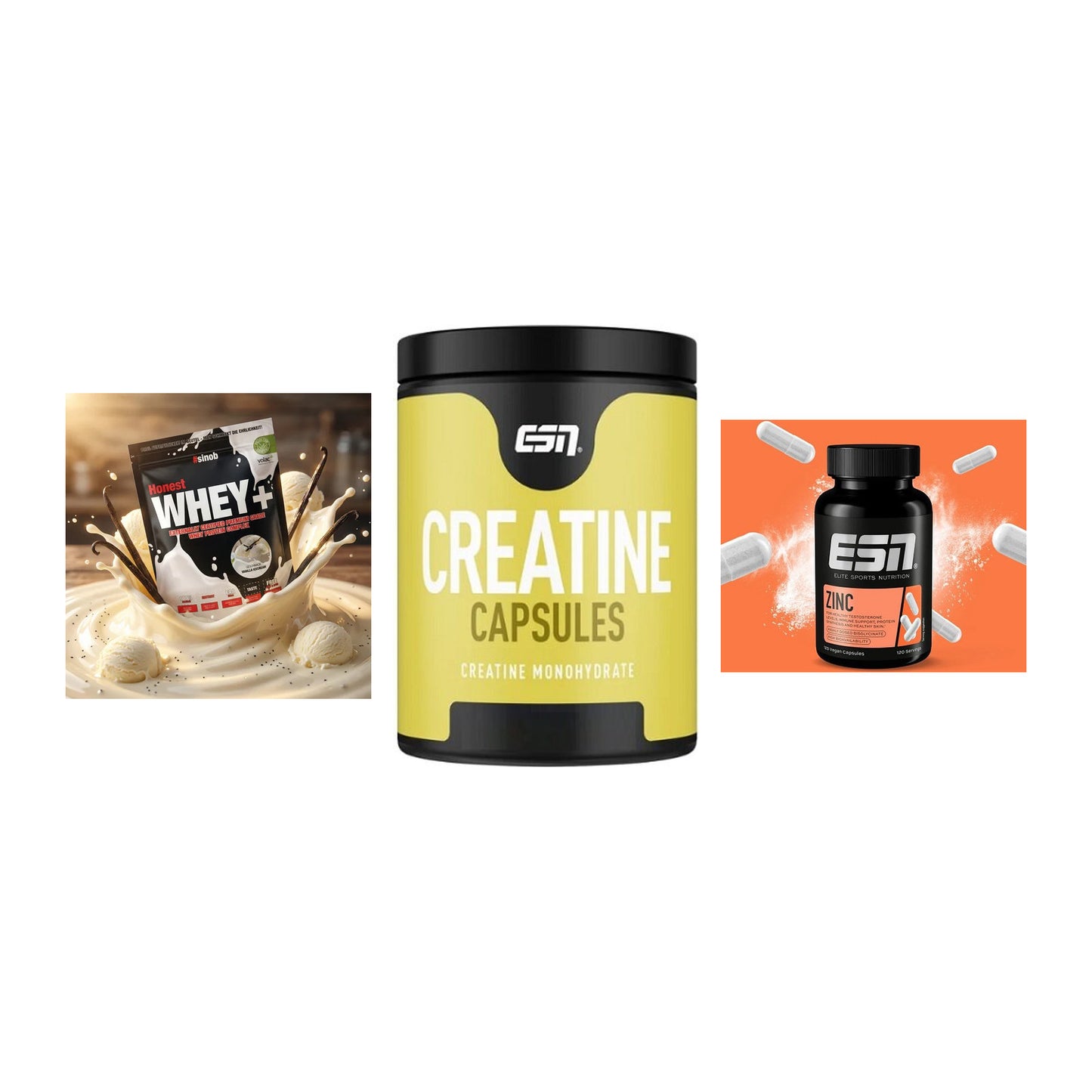 Einsteiger-Set: Sinob Honest Whey+ + ESN Ultrapure Creatine + ESN Zinc – alle enthaltenen Artikel