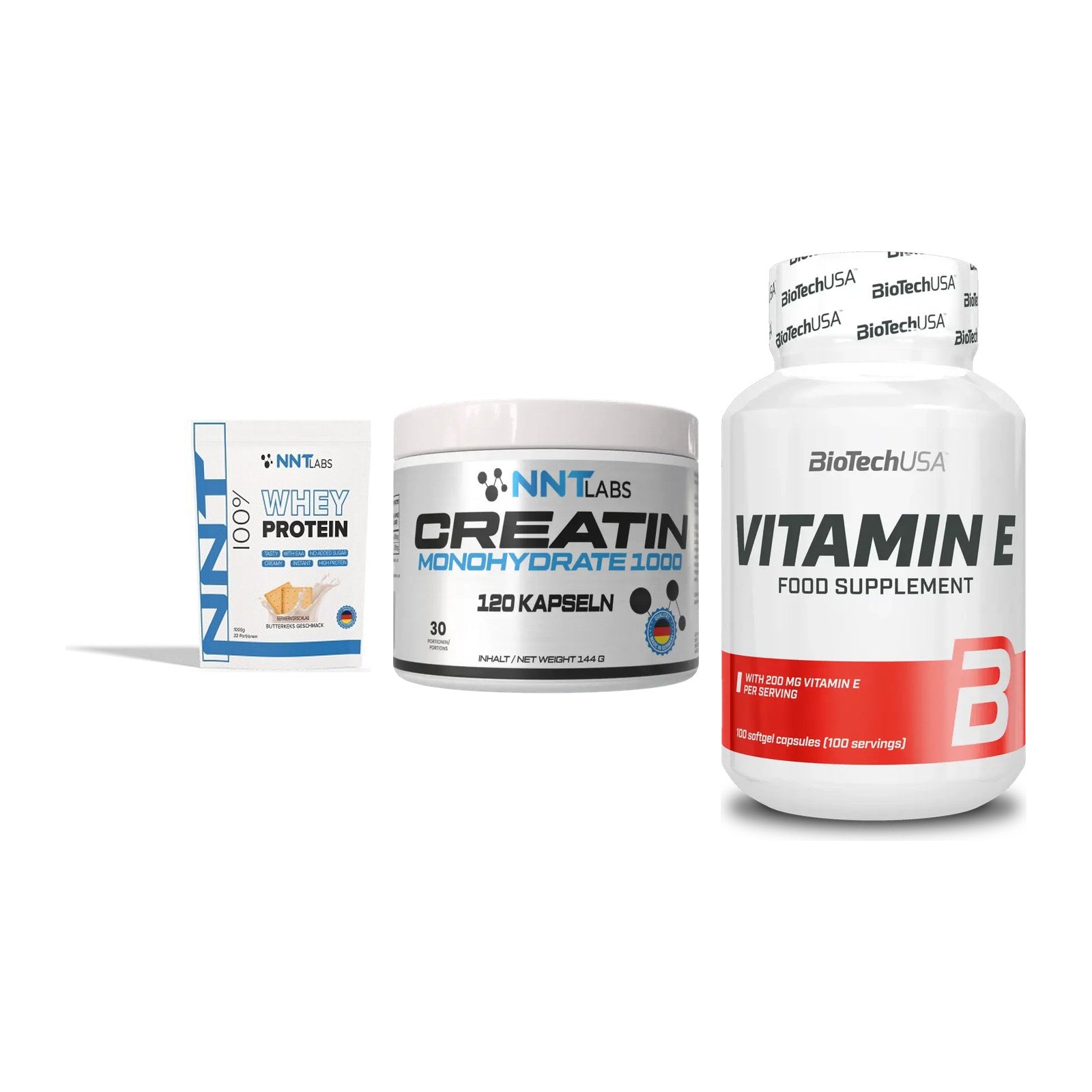 Einsteiger-Set: NNT Whey + NNT Creatin 1000 + BioTech Vitamin – alle enthaltenen Artikel