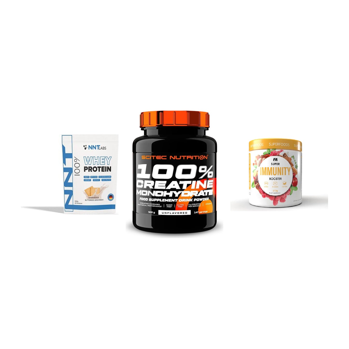 Einsteiger-Set: NNT Whey + Scitec Creatine + FA Nutrition – alle enthaltenen Artikel