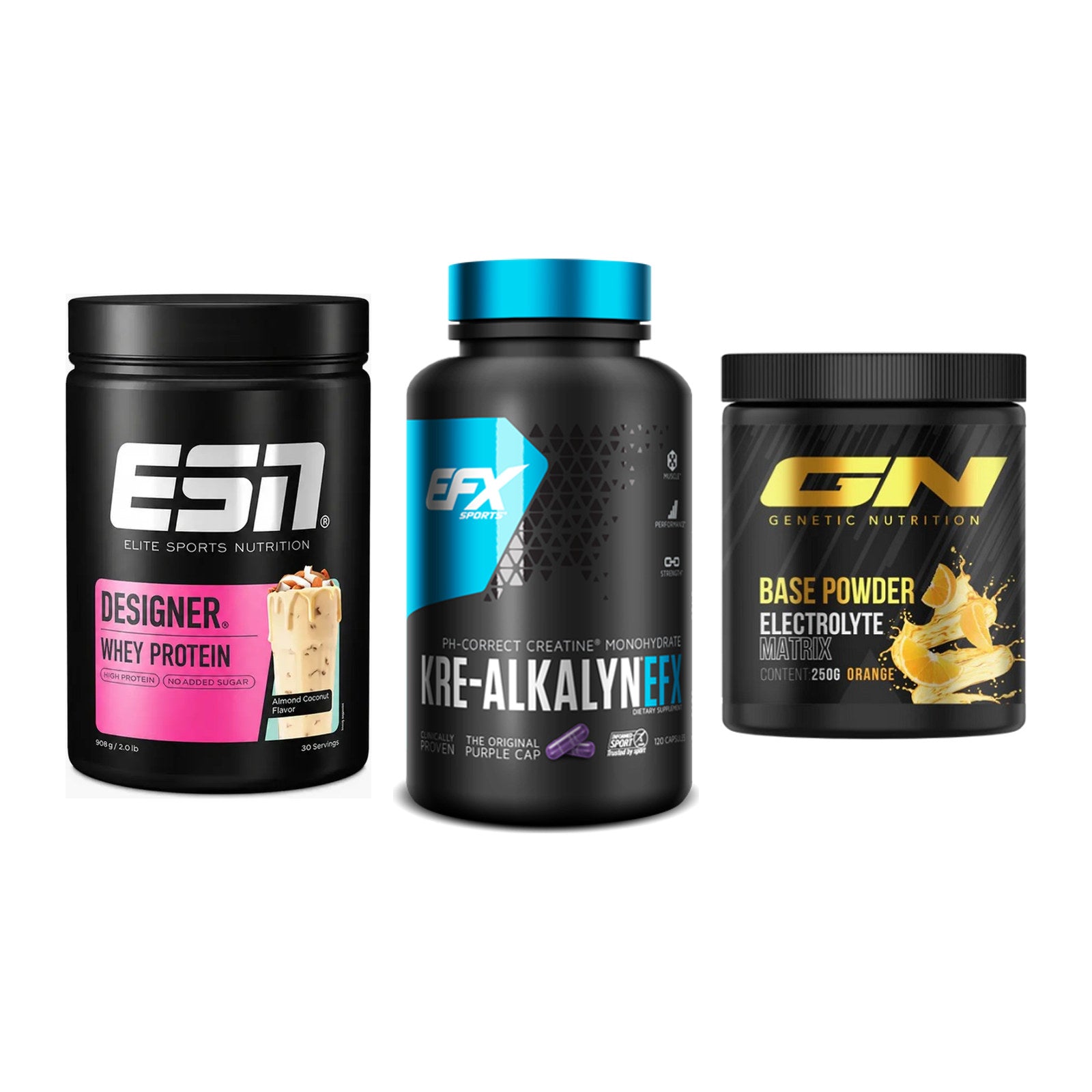 Einsteiger-Set: ESN Designer Whey + EFX Kre-Alkalyn + GN Base Powder – alle enthaltenen Artikel