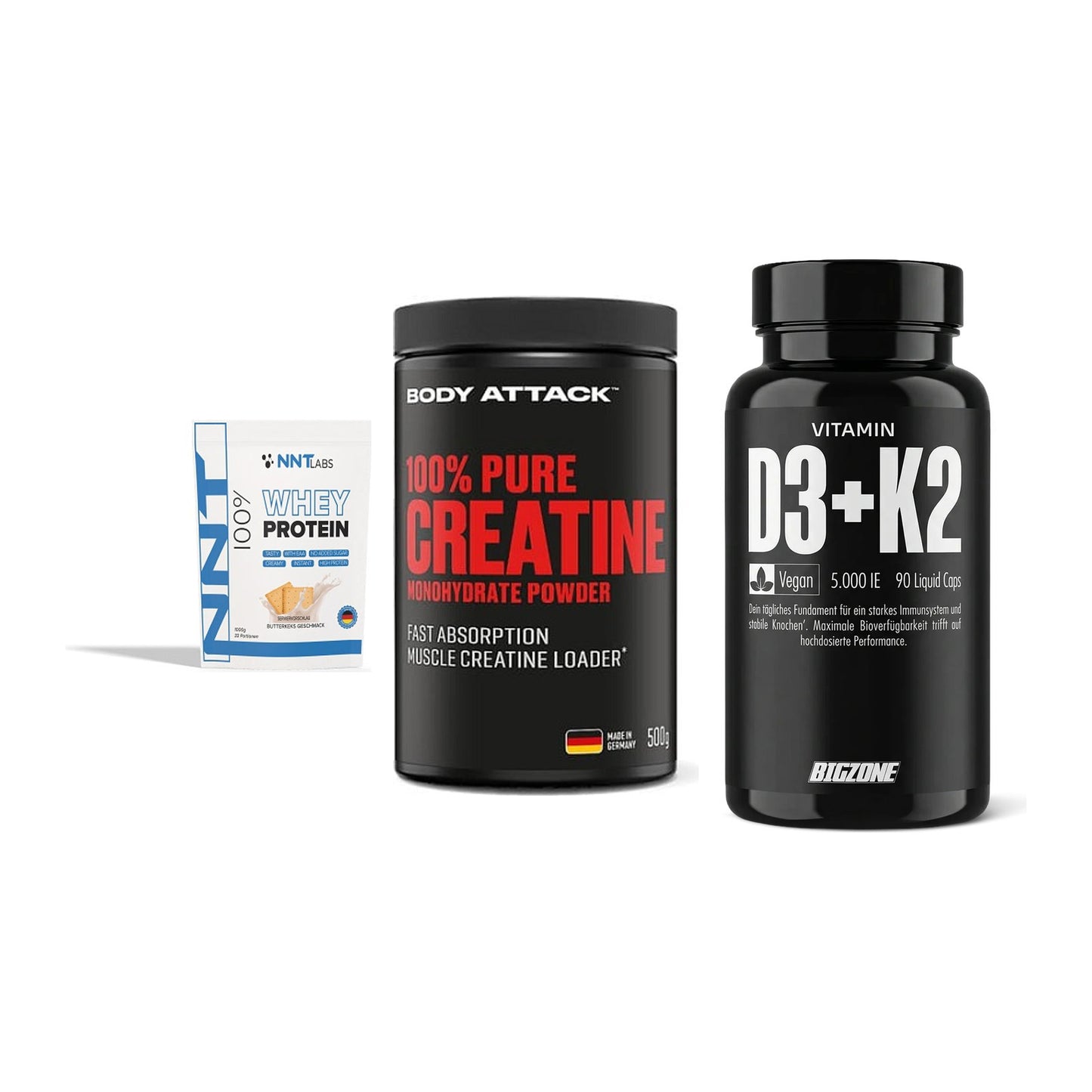 Einsteiger-Set: NNT Whey + Body Attack 100% + Big Zone Vitamin – alle enthaltenen Artikel