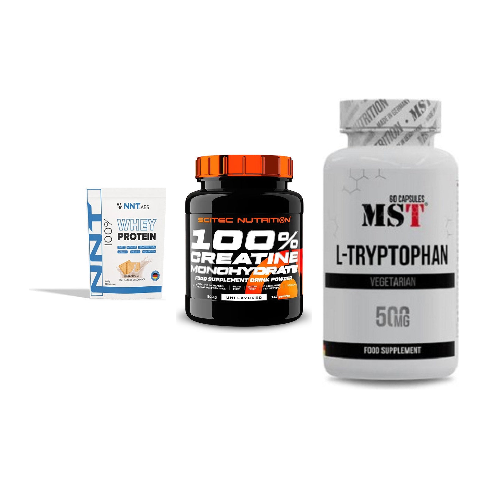Einsteiger-Set: NNT Whey + Scitec Creatine + MST Tryptophan – alle enthaltenen Artikel