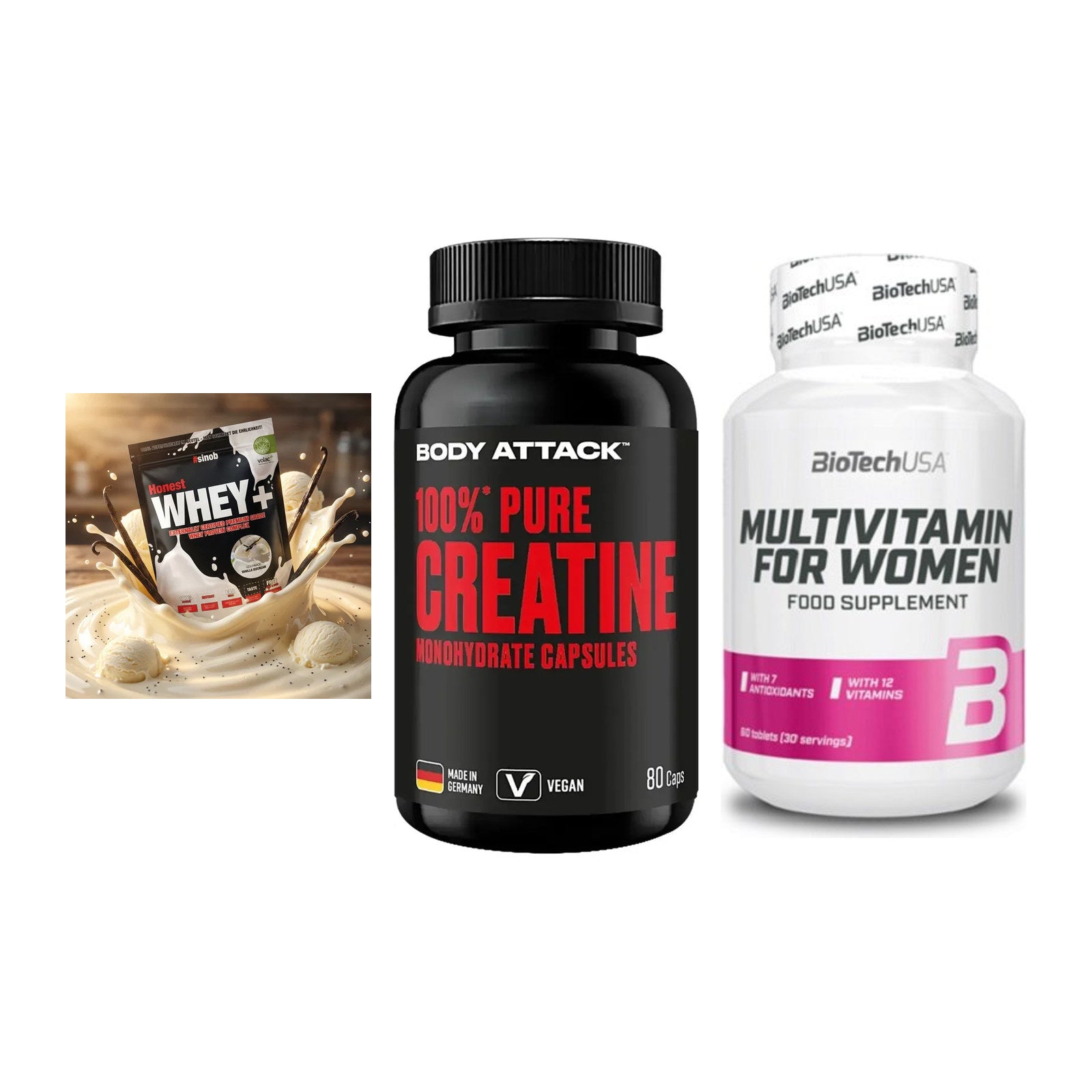 Einsteiger-Set: Sinob Honest + Body Attack 100% + BioTech Multivit – alle enthaltenen Artikel