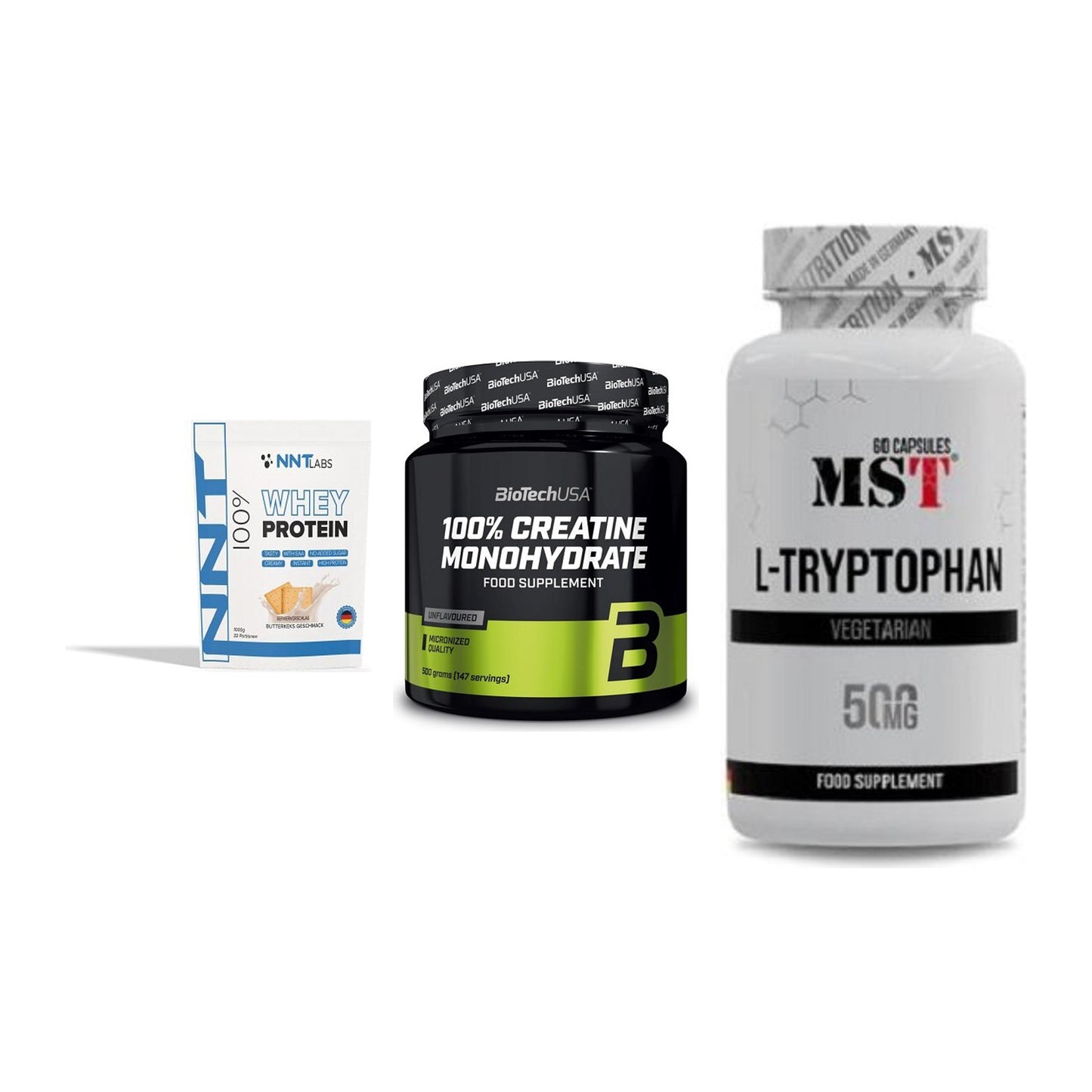 Einsteiger-Set: NNT Whey + BioTech Creatine + MST Tryptophan – alle enthaltenen Artikel