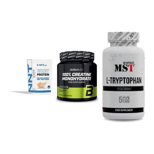 Einsteiger-Set: NNT Whey + BioTech Creatine + MST Tryptophan – alle enthaltenen Artikel