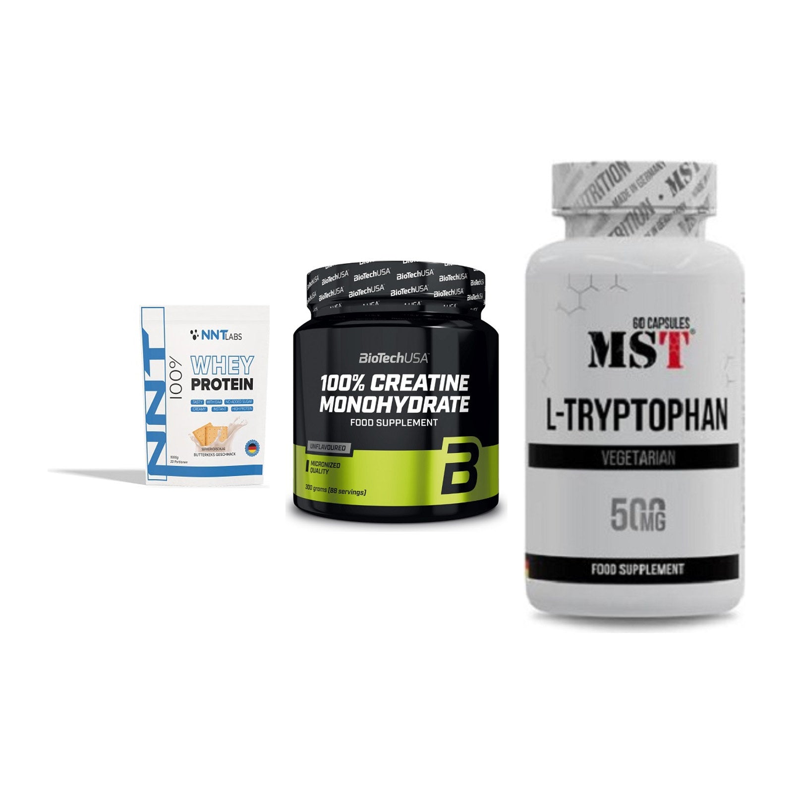 Einsteiger-Set: NNT Whey + BioTech Creatine + MST Tryptophan – alle enthaltenen Artikel