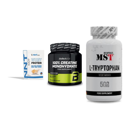 Einsteiger-Set: NNT Whey + BioTech Creatine + MST Tryptophan – alle enthaltenen Artikel