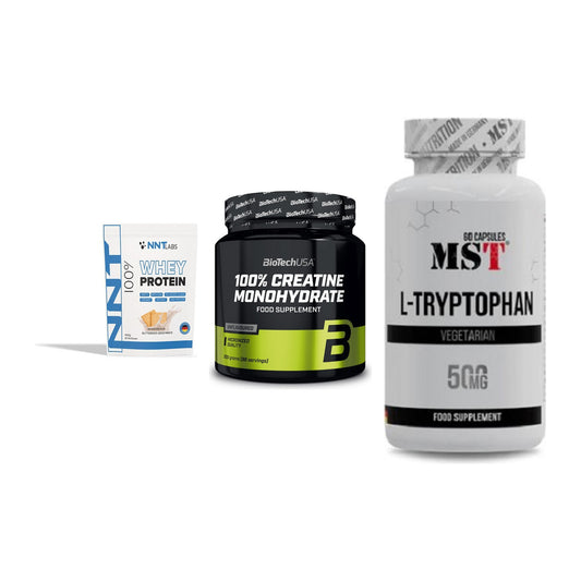 Einsteiger-Set: NNT Whey + BioTech Creatine + MST Tryptophan – alle enthaltenen Artikel