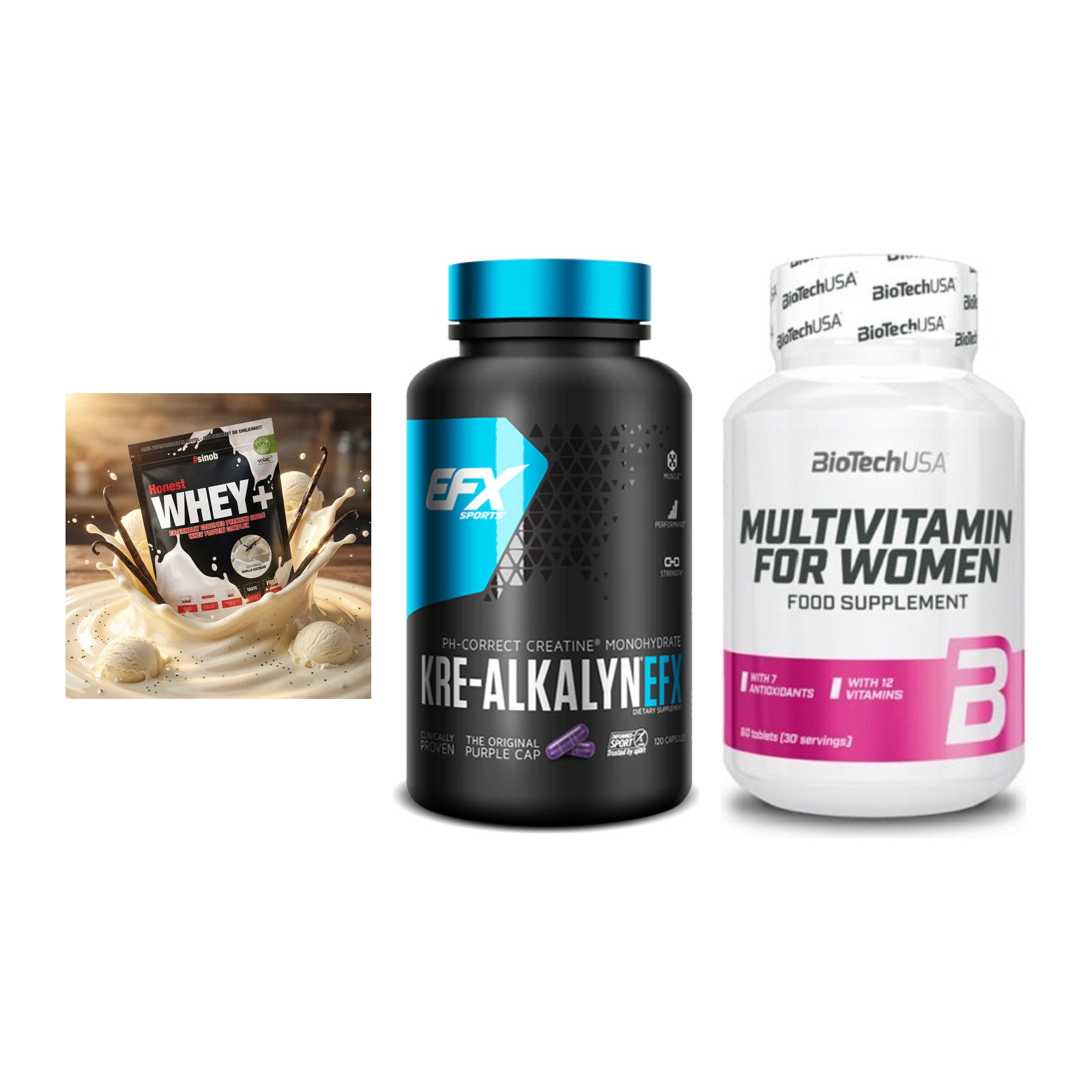 Einsteiger-Set: Sinob Honest + EFX Kre-Alkalyn + BioTech Multivit – alle enthaltenen Artikel