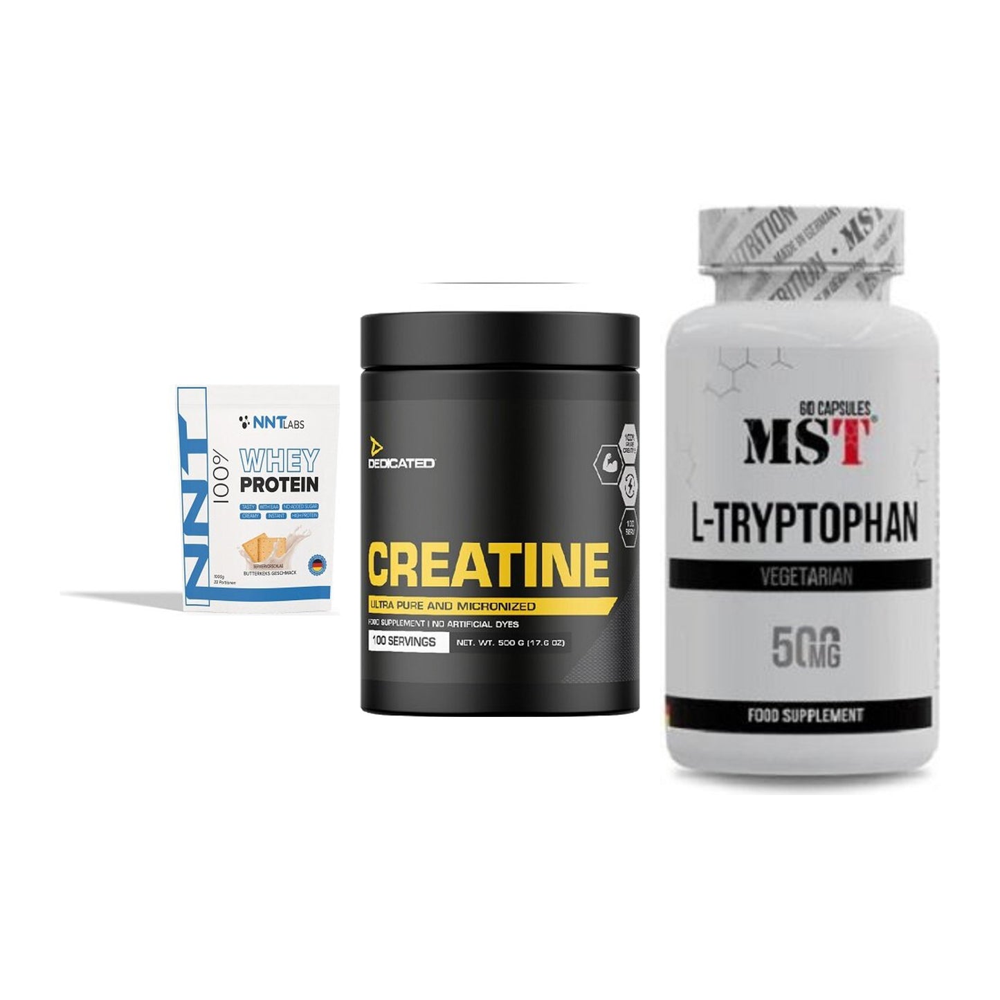 Einsteiger-Set: NNT Whey + Dedicated Creatine + MST Tryptophan 500mg – alle enthaltenen Artikel