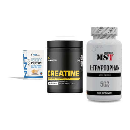 Einsteiger-Set: NNT Whey + Dedicated Creatine + MST Tryptophan 500mg – alle enthaltenen Artikel