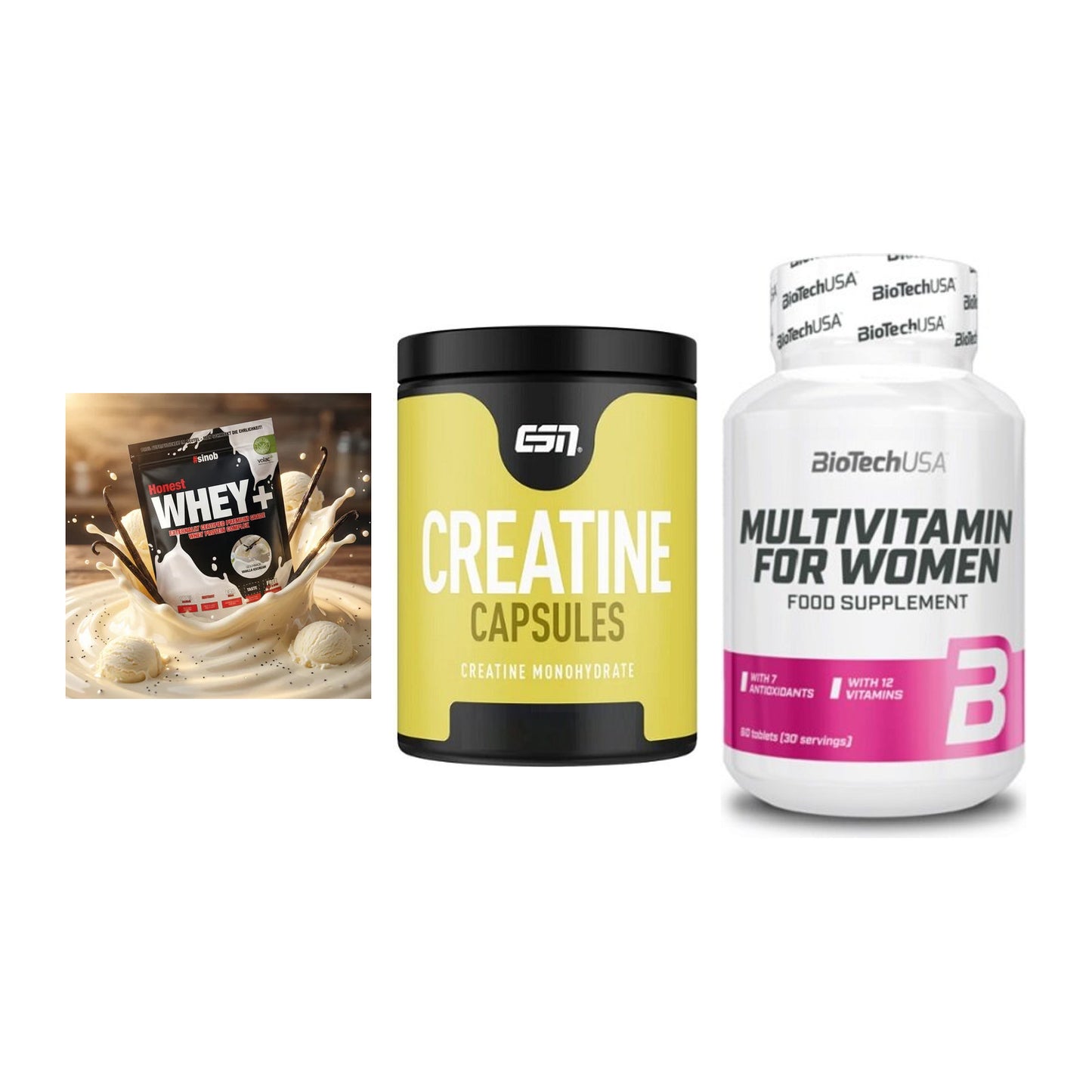 Einsteiger-Set: Sinob Honest + ESN Ultrapure + BioTech Multivit – alle enthaltenen Artikel