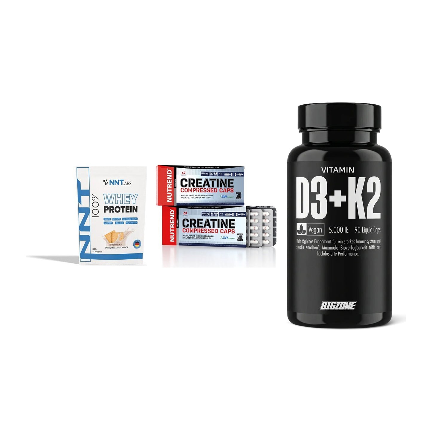 Einsteiger-Set: NNT Whey + Nutrend Creatine + Big Zone Vitamin – alle enthaltenen Artikel