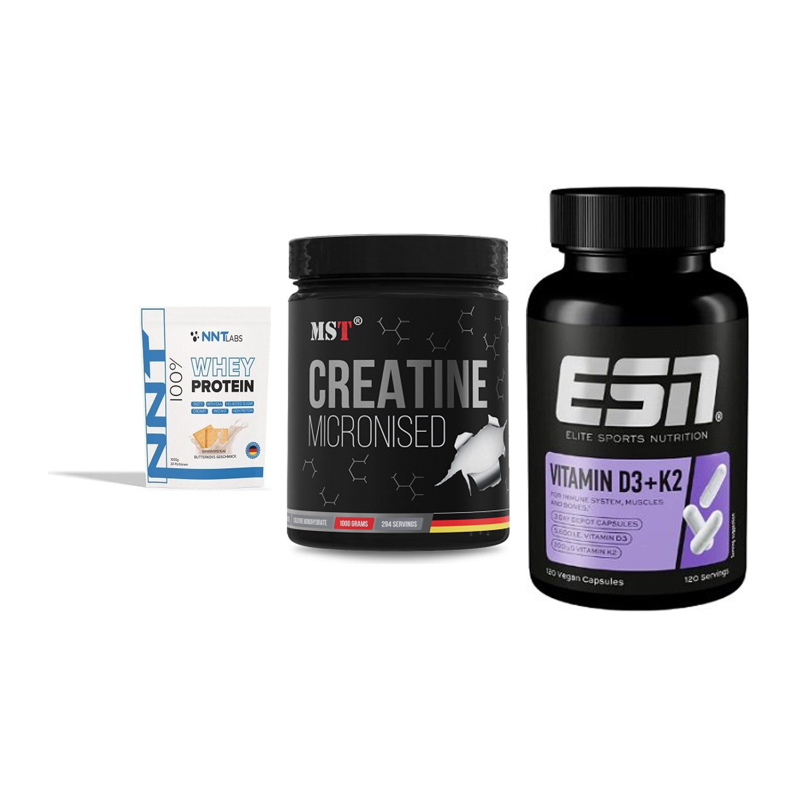 Einsteiger-Set: NNT Whey + MST Creatin + ESN Vitamin D3 – alle enthaltenen Artikel