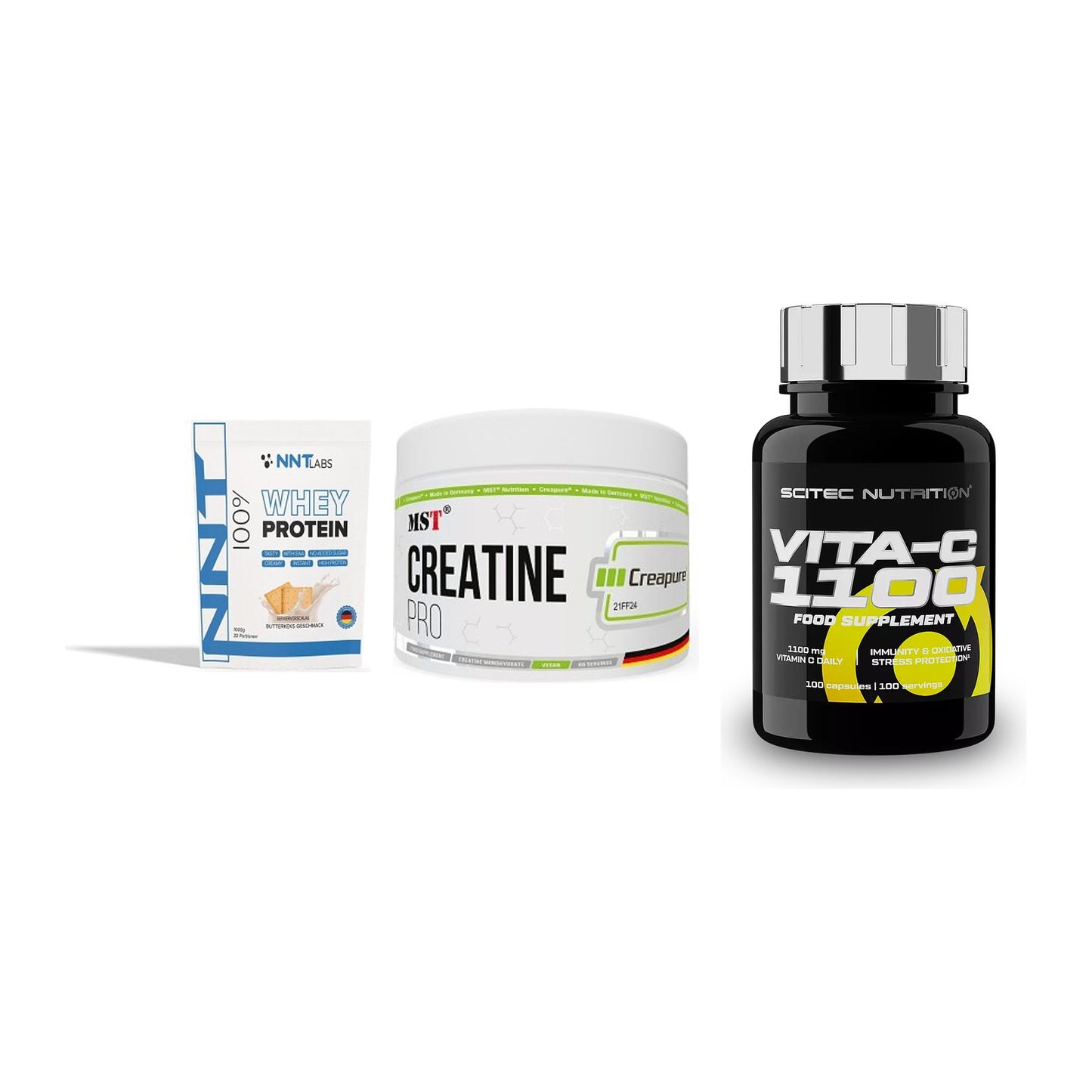 Einsteiger-Set: NNT Whey + MST Creatin Pro + Scitec Vitamin C – alle enthaltenen Artikel