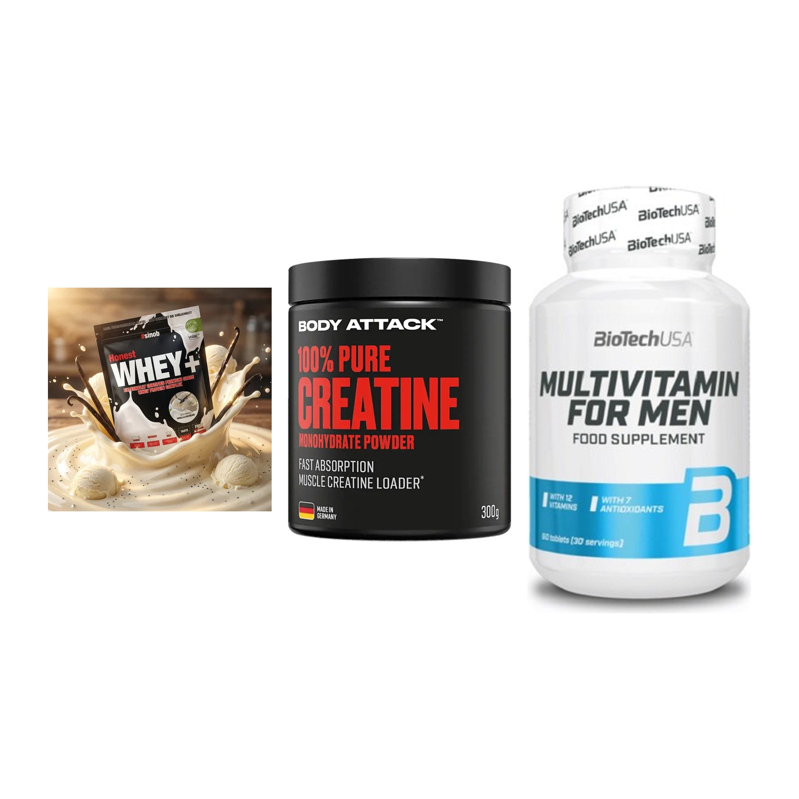 Einsteiger-Set: Sinob Honest + Body Attack 100% + BioTech Multivit – alle enthaltenen Artikel