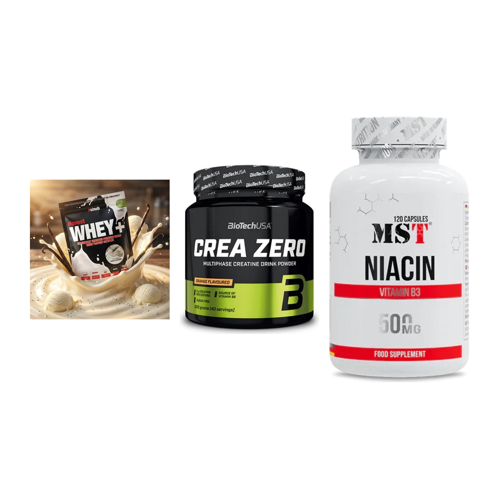 Einsteiger-Set: Sinob Honest Whey+ + BioTech Crea Zero + MST Niacin – alle enthaltenen Artikel