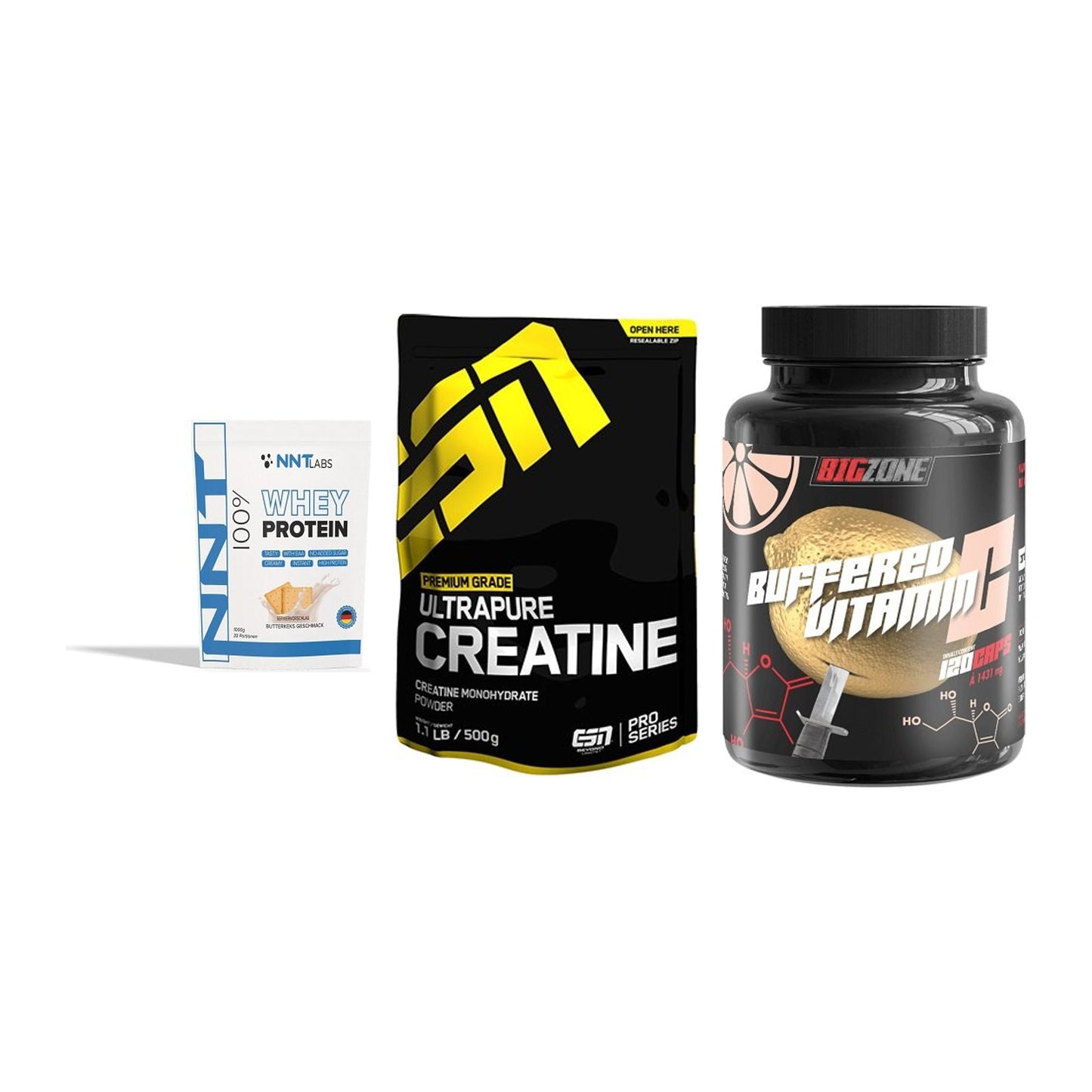 Einsteiger-Set: NNT Whey + ESN Ultrapure + Big Zone Buffere – alle enthaltenen Artikel
